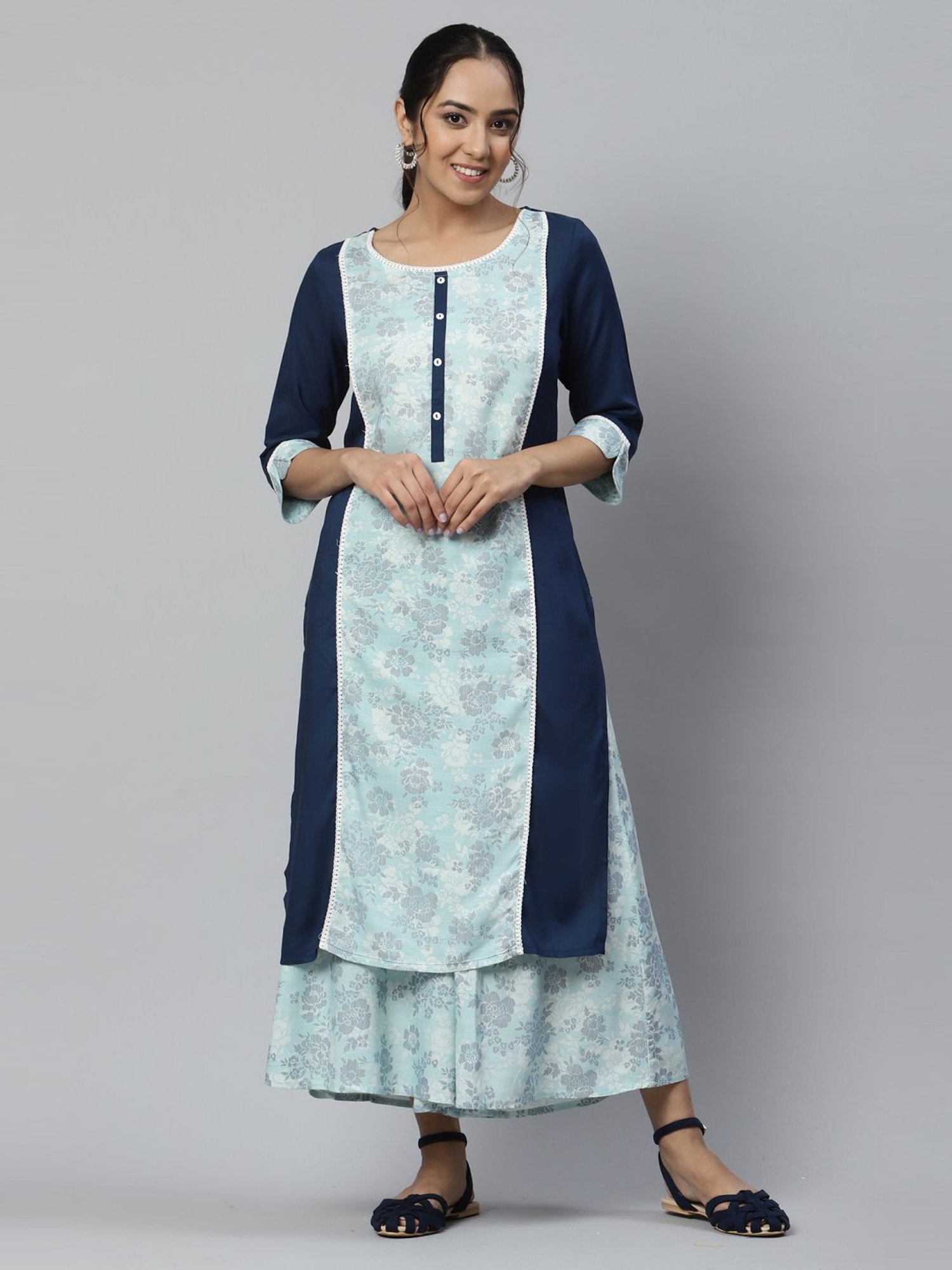 Aurelia Women Blue Floral Print Rayon Kurta Set with Culottes