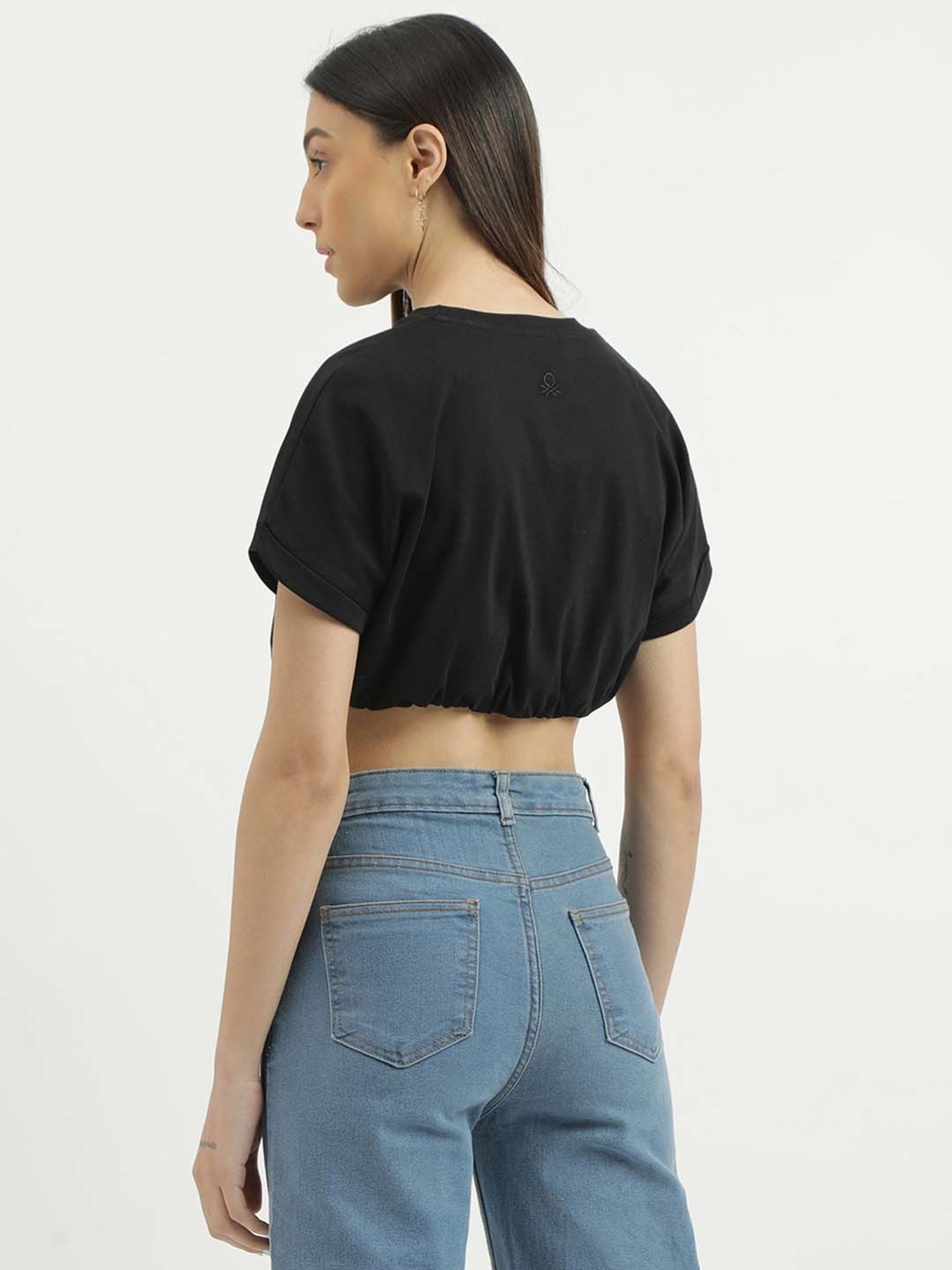 United Colors of Benetton Black Cotton Regular Fit Crop Top