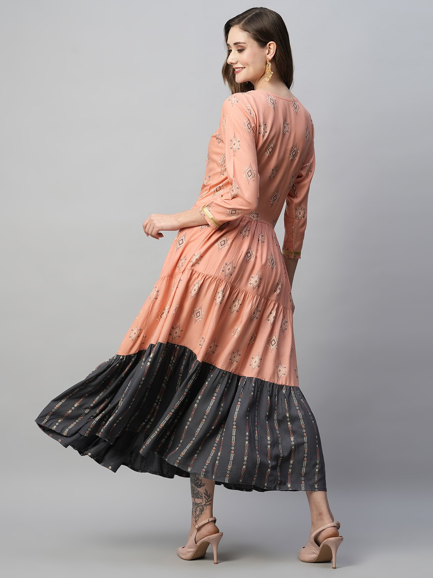 KIANA Peach Printed Maxi Dress