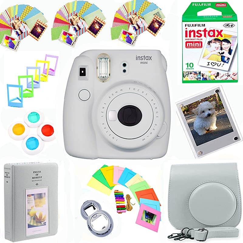 Instax Mini 9 Film Camera Smokey White + Film Pack10 Shots + Pleather Case + Filters + Selfie Lens + Album + Frames Stickon Frames Exclusive Instax Design Bundle