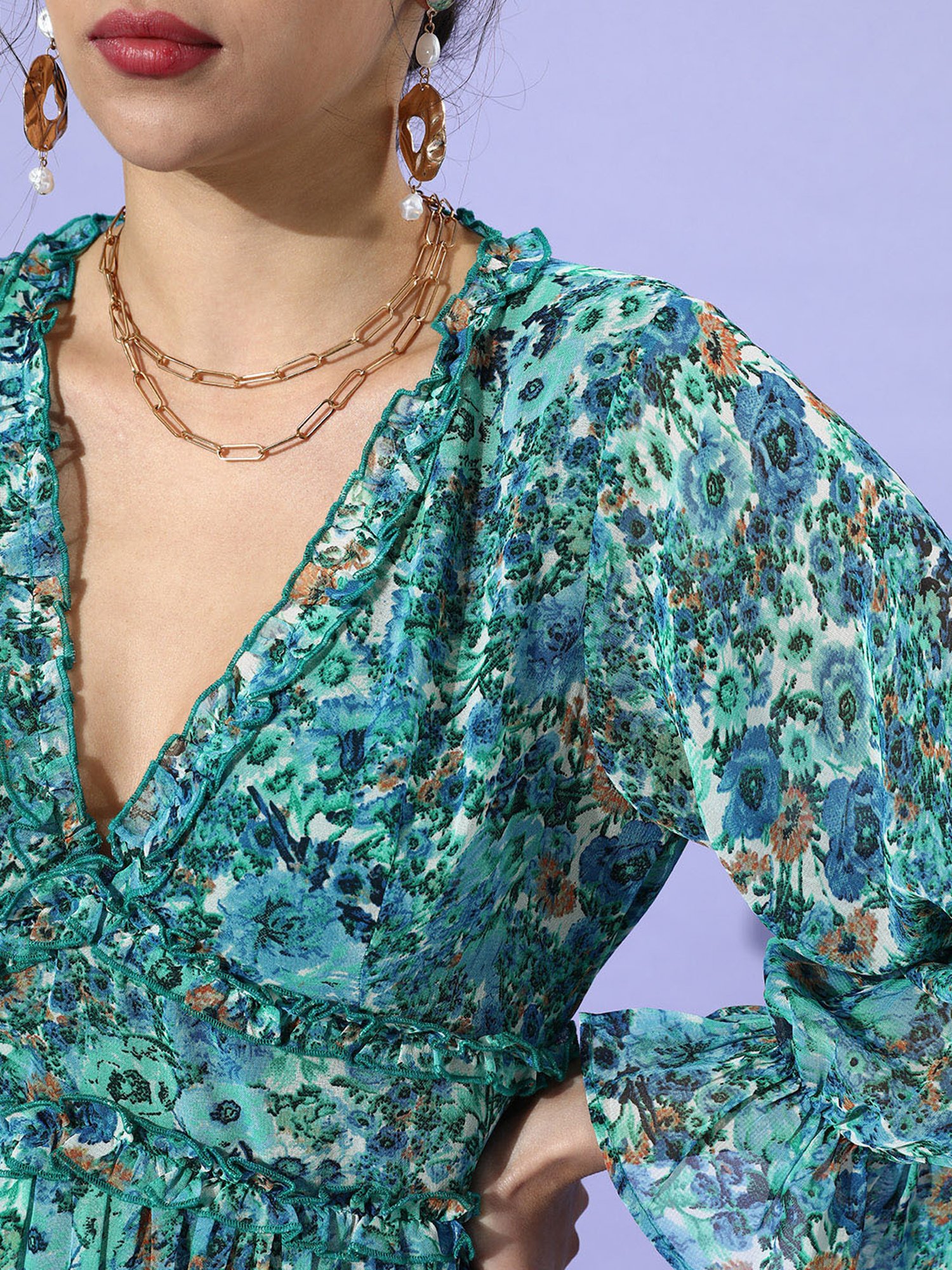 QUIERO Blue & Green Floral Print Fit & Flare Dress