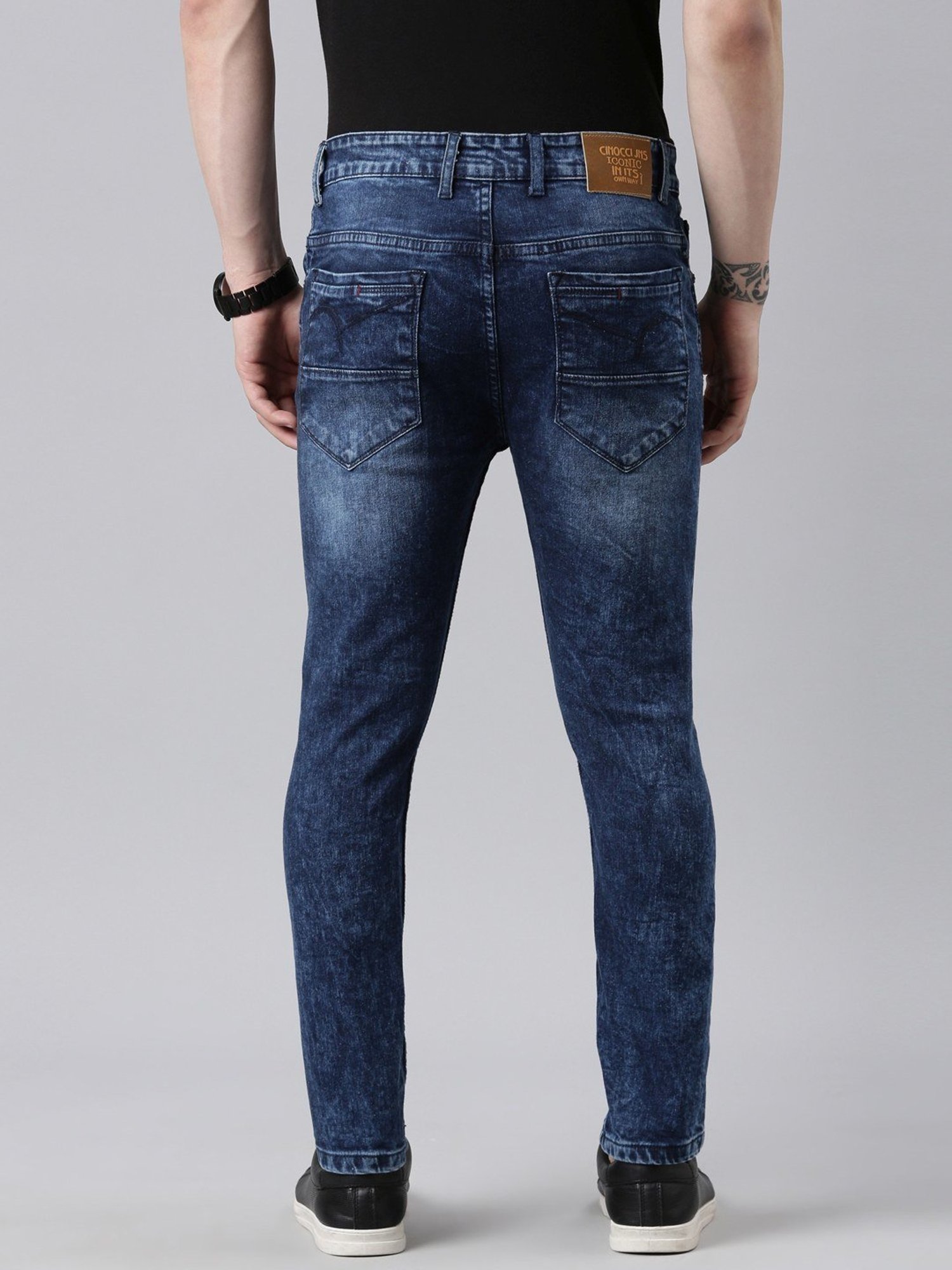 CINOCCI Denim Blue Cotton Slim Fit Distressed Jeans