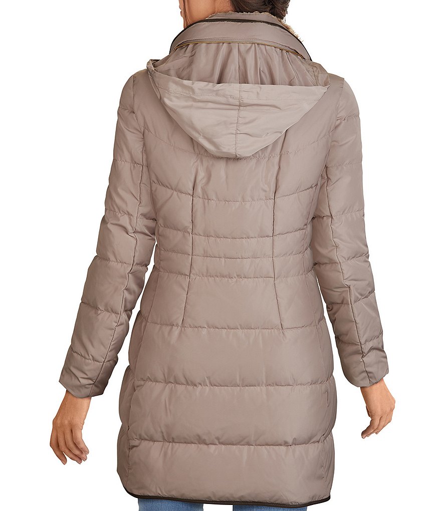 Kenneth Cole New York Short Water-Resistant Stand Collar Hooded Long Sleeve Chevron Puffer Jacket