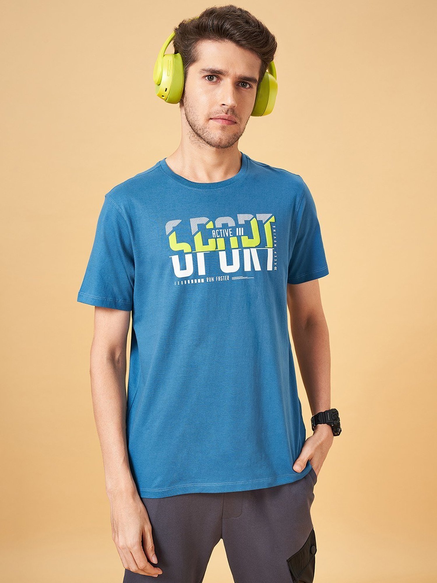 Ajile by Pantaloons Coronet Blue Cotton Slim Fit Printed T-Shirt