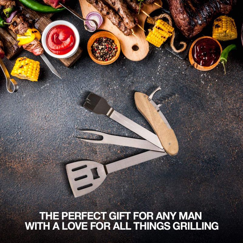 5 in 1 Multifunction BBQ Grill Tool Set, Stainless Steel Spatula, Fork, Basting Brush Cork Screw Camping Accessories for Outdoor Barbecue Camping Grill Cooking Utensils Set, Men Grilling Accessories