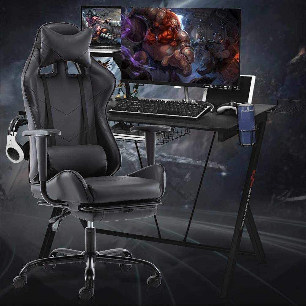 SMUGDESK Gaming Chair with Footrest Racing Style Ergonomic Office Desk Chair Adjustable Swivel Leather High Back Computer Chair with Headrest and Lumbar Support (Black)