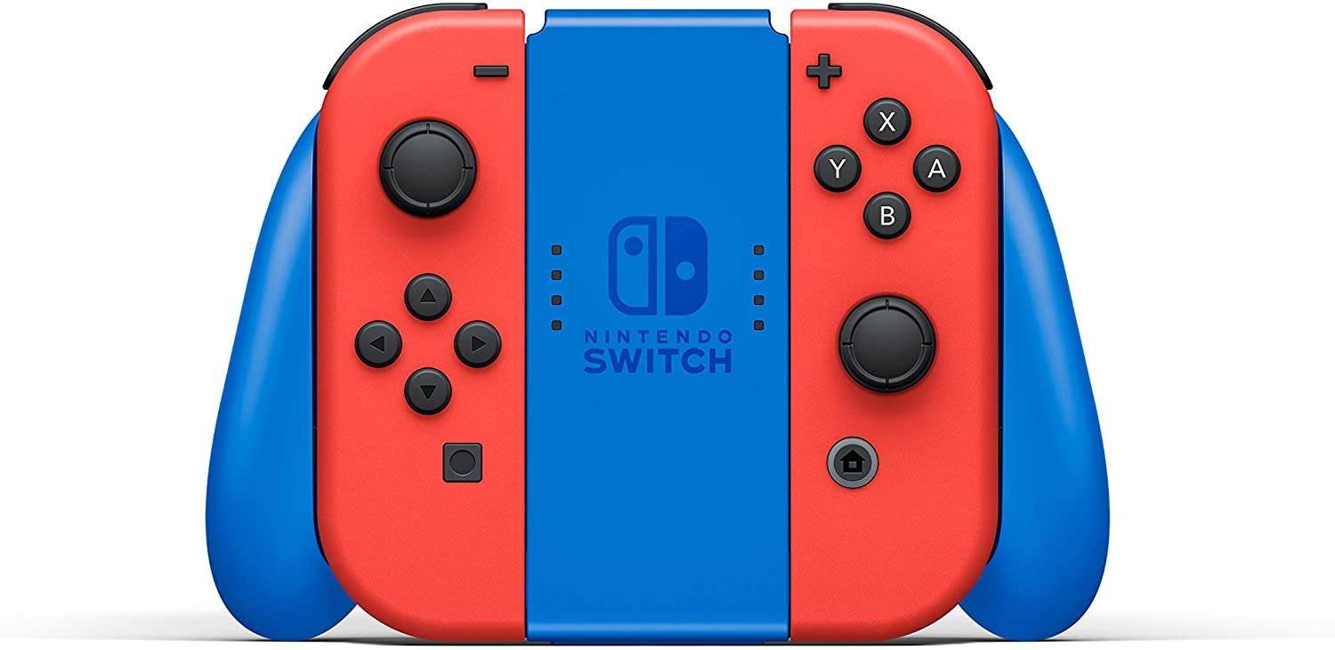 2021 New Nintendo Switch Mario Red & Blue Limited Edition with Mario Iconography Carrying Case and Screen Protector Bundle With Super Bomberman R And Mytrix Joystick Caps