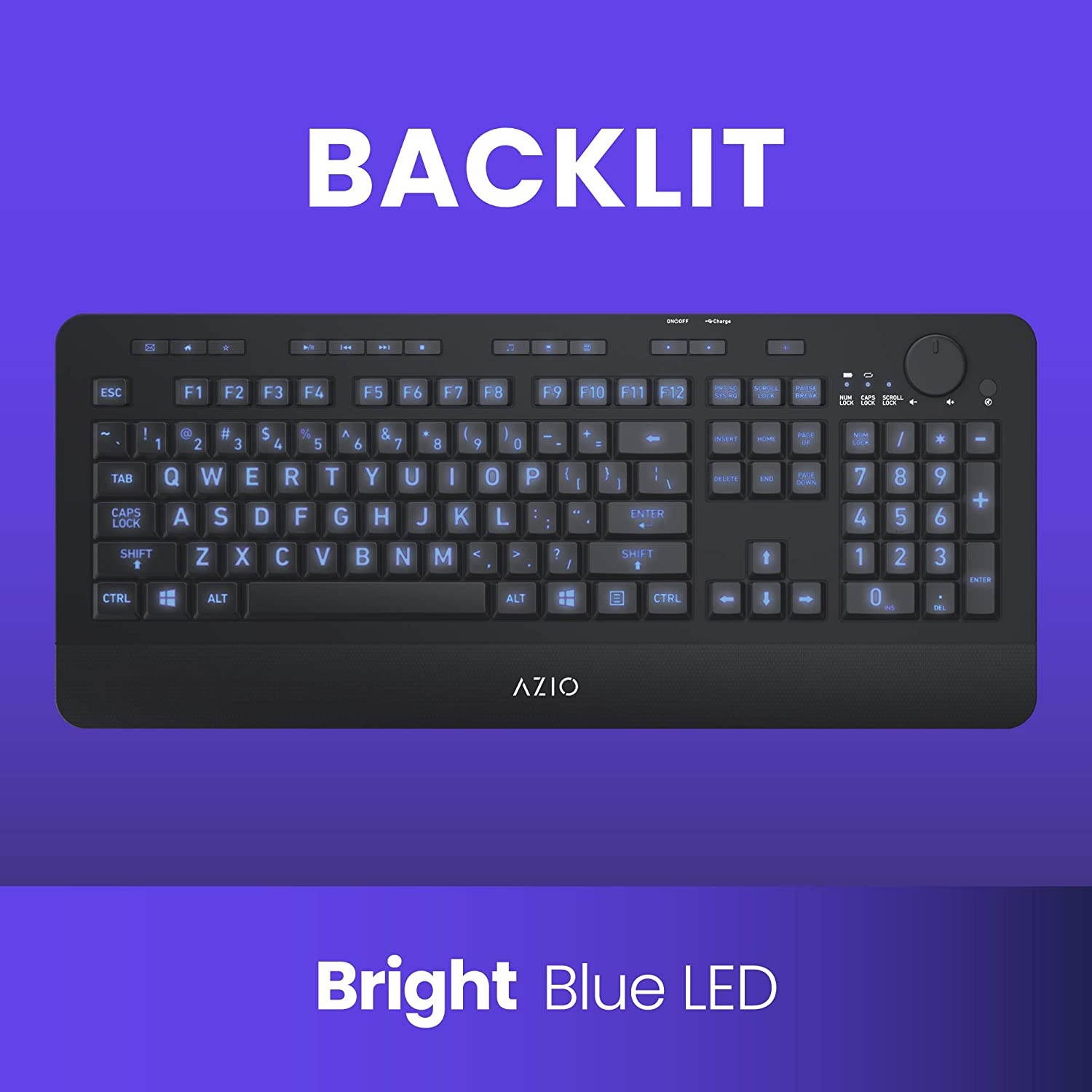Azio Wireless Keyboard with Large Print Keys, Blue Color Backlight, 2.4gHz USB-RF Rechargeable and Multimedia Productivity Hotkeys (Vision Series KB510W)