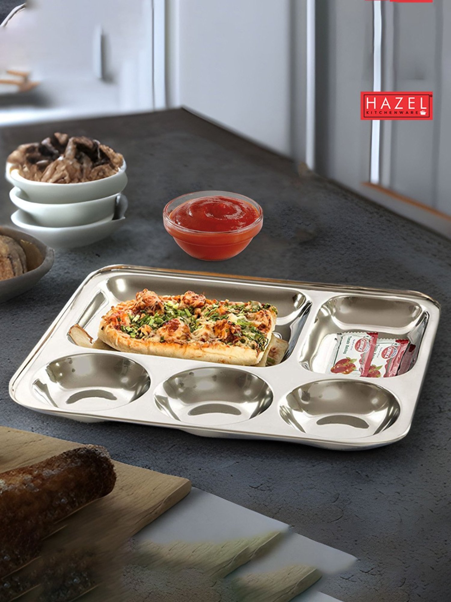 HAZEL Stainless Steel Compartment Mess Plate Steel Rectangle Bhojan Thali with Round Holes