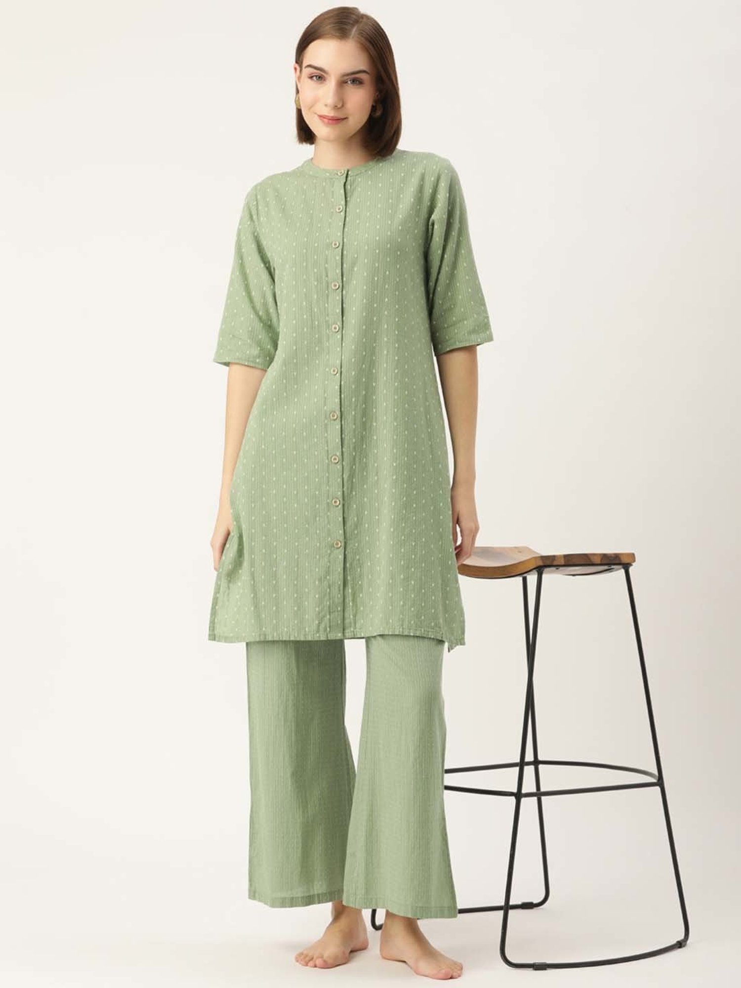 Clt.s Green Cotton Striped Kurti Palazzo Set