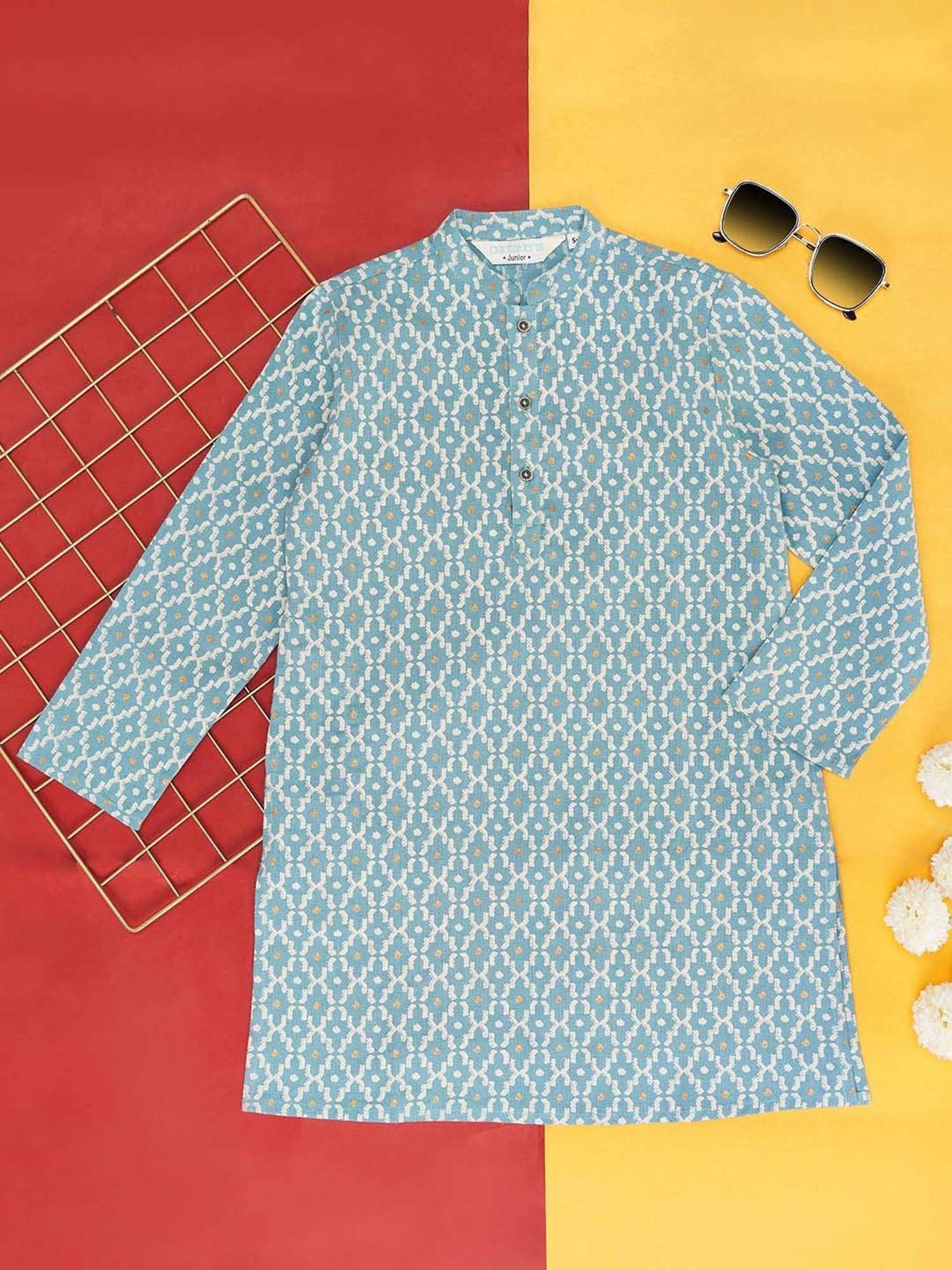 Indus Route by Pantaloons Kids Blue Linen Printed Full Sleeves Kurta