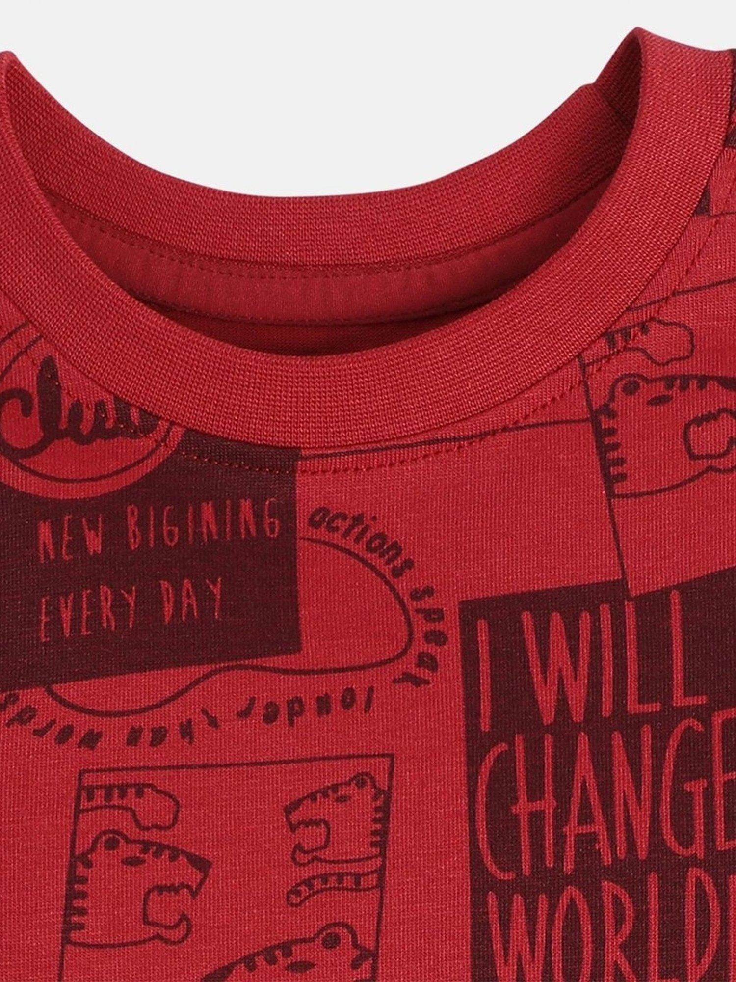 MINIKLUB Boys Maroon Cotton Printed Full Sleeves T-Shirt