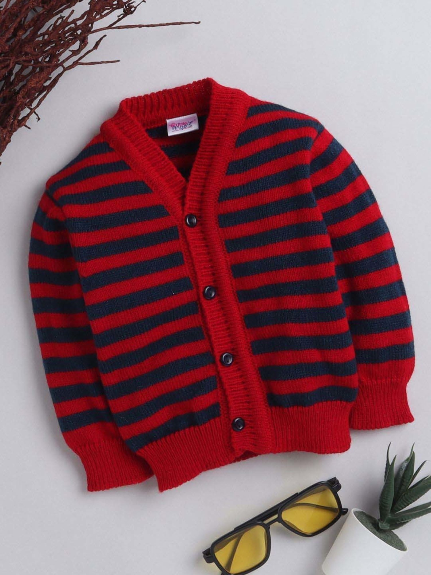 Little Angels Kids Red & Navy Striped Full Sleeves Cardigan