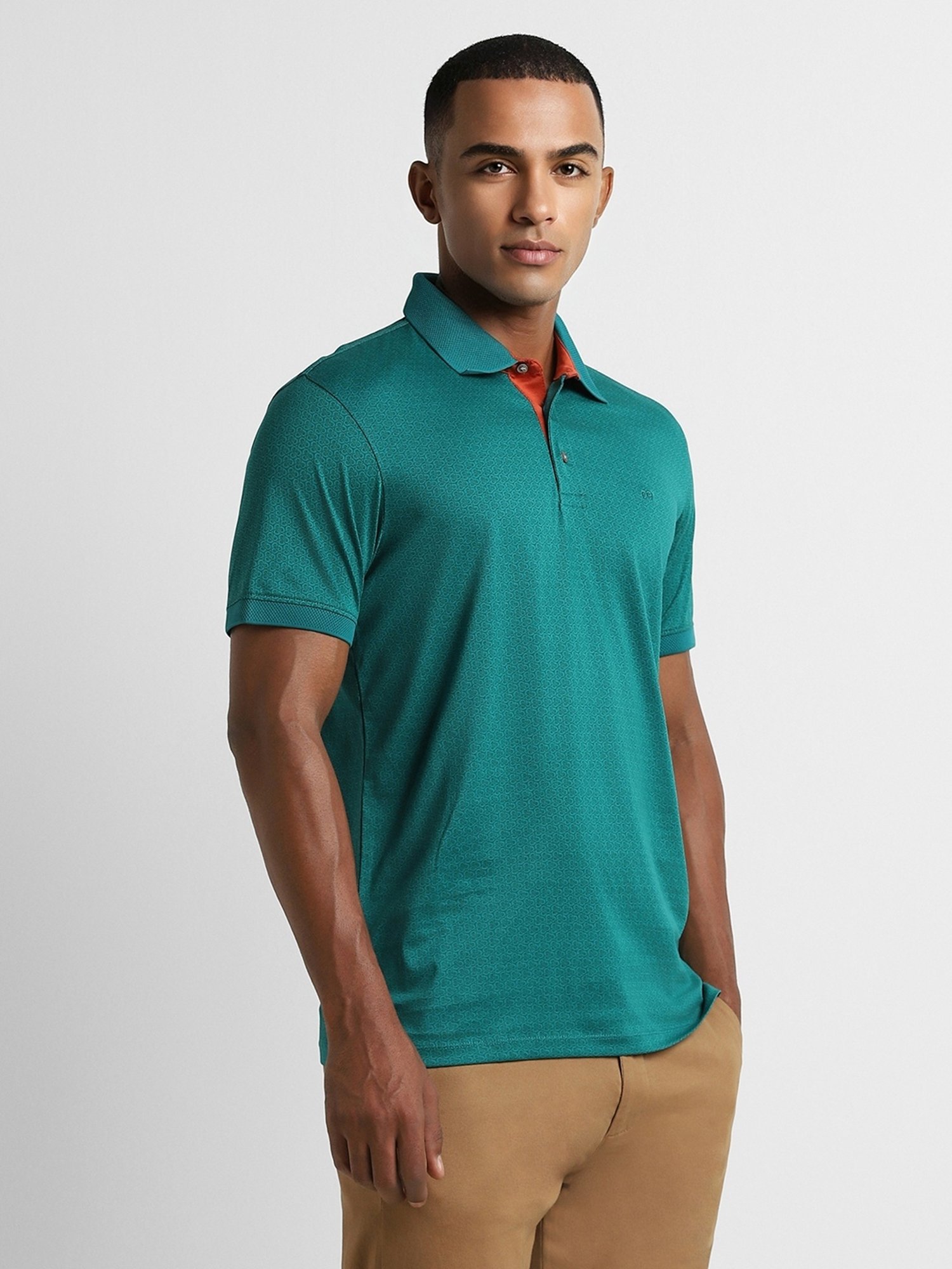 Peter England Green Cotton Slim Fit Printed Polo T-Shirt
