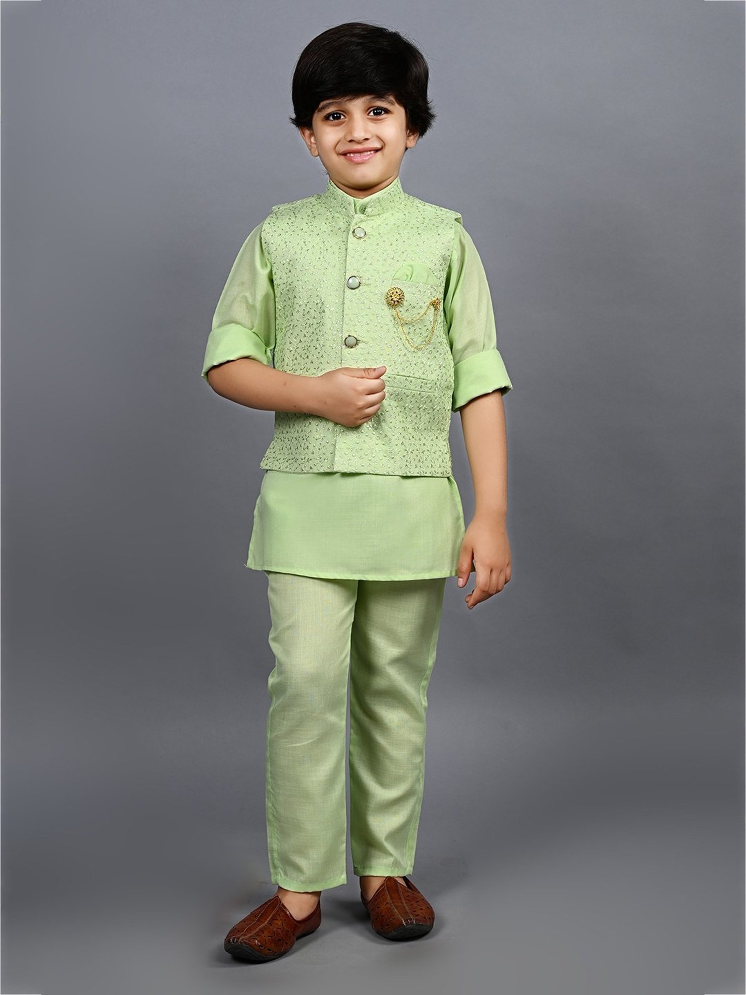 Ahhaaaa Kids Green Embellished Full Sleeves Sherwani, Jacket & Pyjamas
