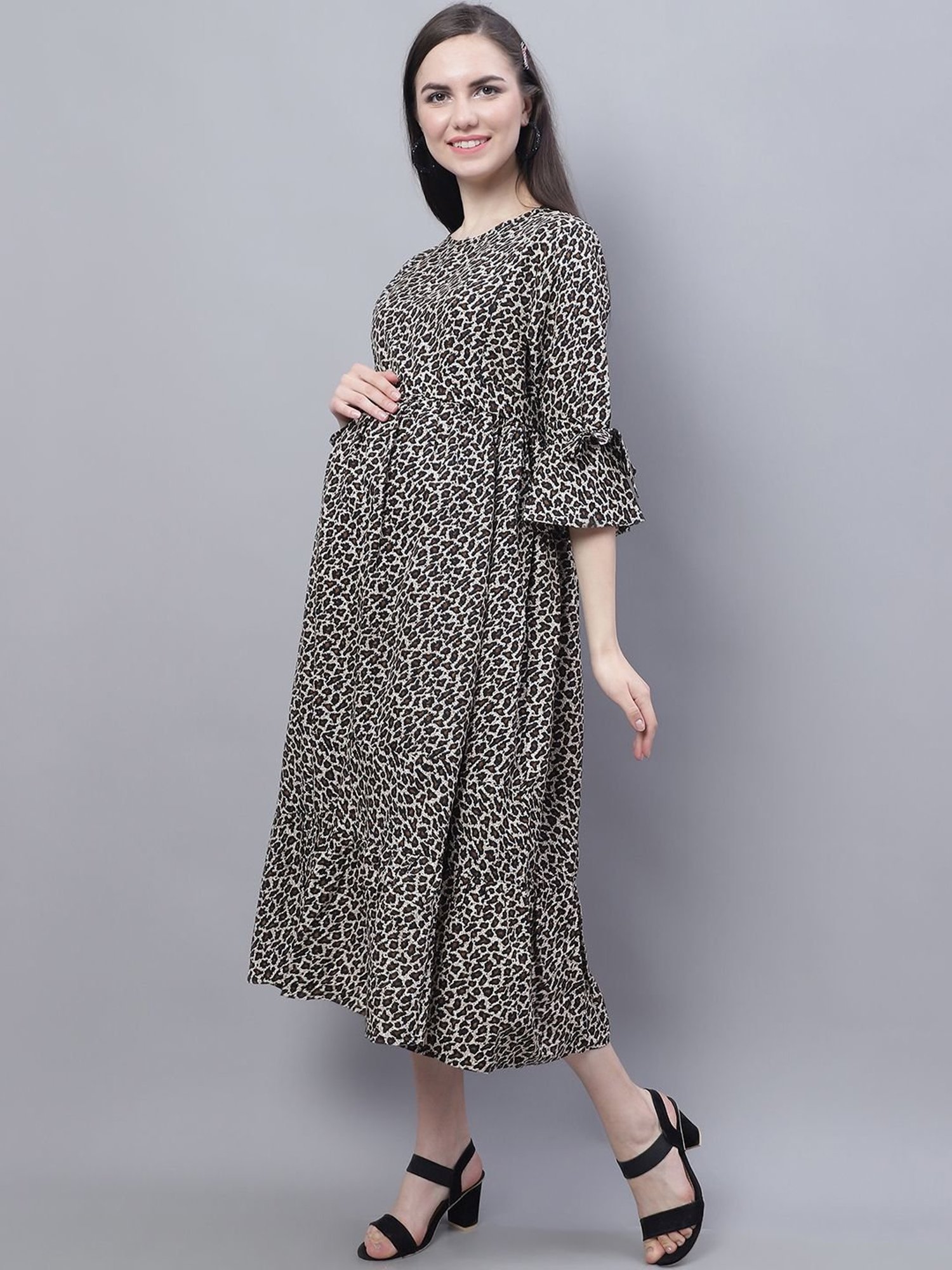 Moms Maternity Black & Beige Printed Dress