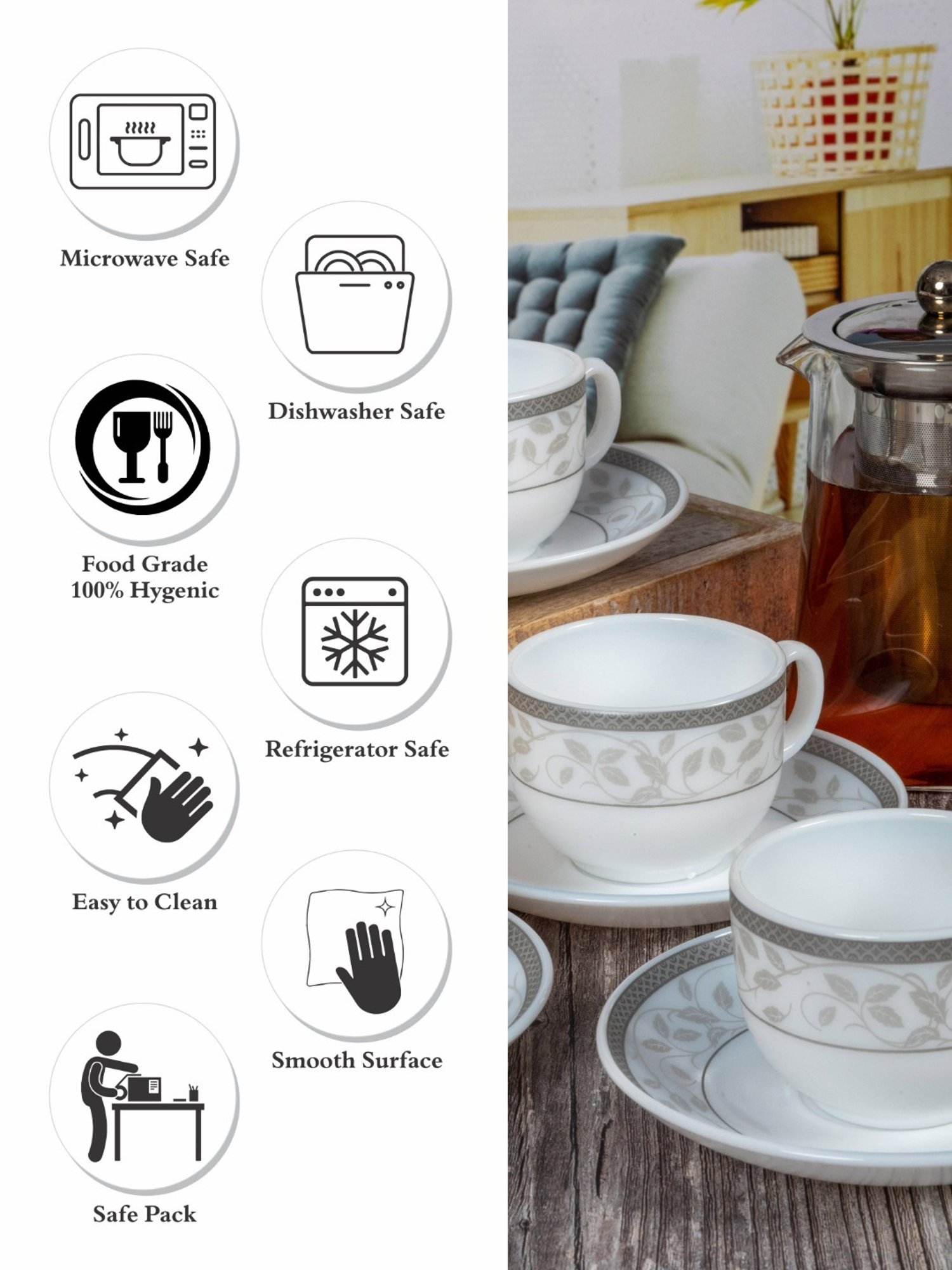 Cello Divine Printed White Opalware Tea Cups & Saucers - Set of 6 (160ml)