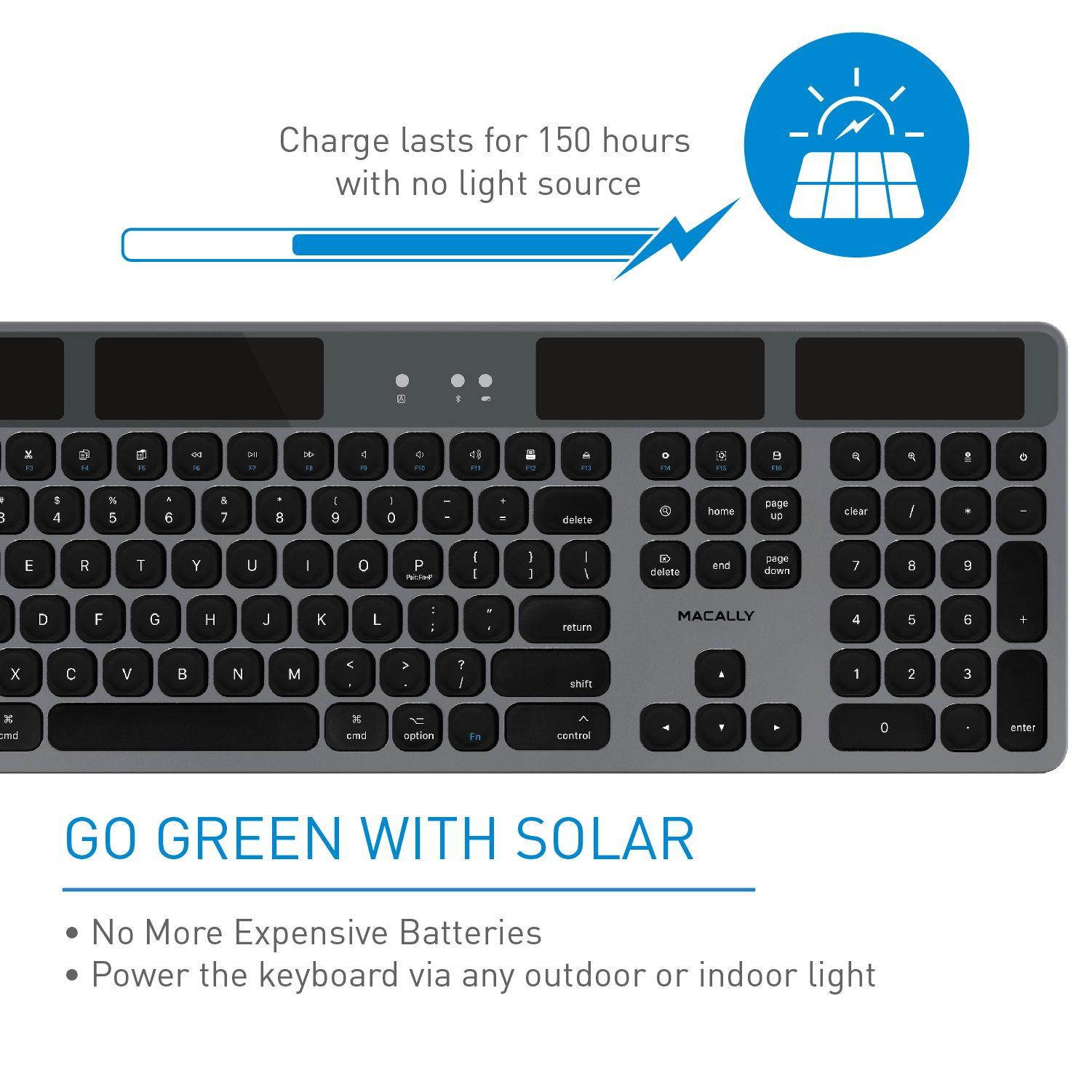 Macally Bluetooth Wireless Solar Keyboard for Mac Mini/Pro, iMac Desktop Computers & Apple MacBook Pro/Air Laptops | Rechargeable Via Any Light Source | Caps Lock/Battery Indicators - Space gray
