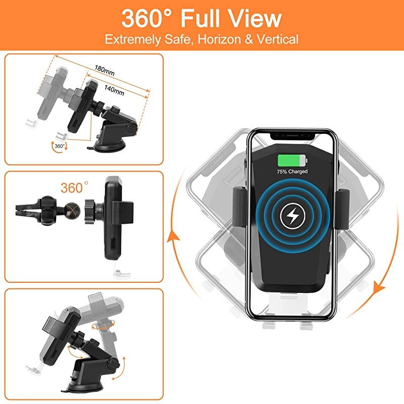 Car Charger Mount 10W Qi Fast Charging Auto Clamping Car Mount Windshield Dashboard Air Vent Phone Holder for iPhone Xs Max XR X 8 8 Plus Samsung Galaxy S10 S10+S9 S9+ S8 Note 9