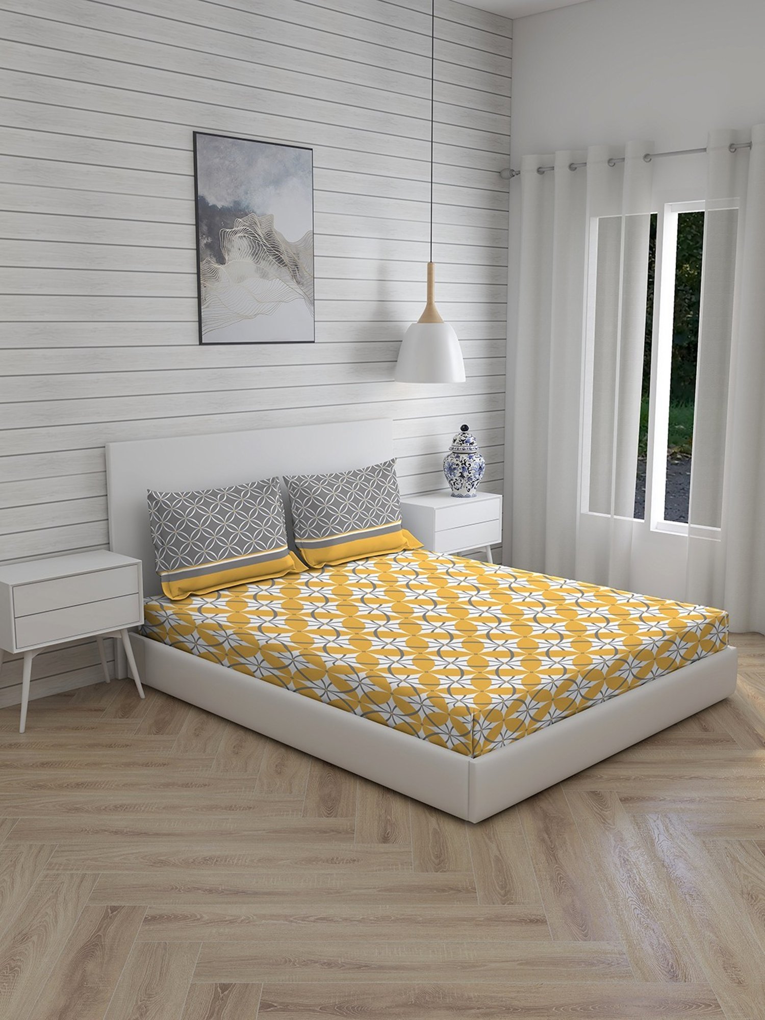 Layers Siena Printed Yellow 225 TC Cotton Double Bed Sheet with 2 Pillow Covers