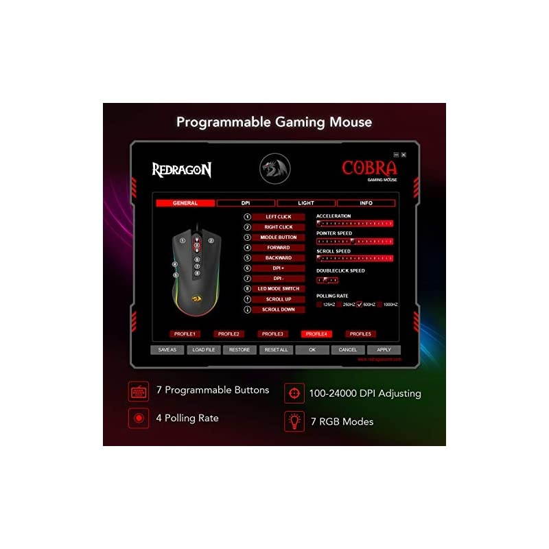 M711FPS Cobra FPS Optical Switch LK Gaming Mouse with 168 Million RGB Color Backlit 24000 DPI 7 Programmable Buttons