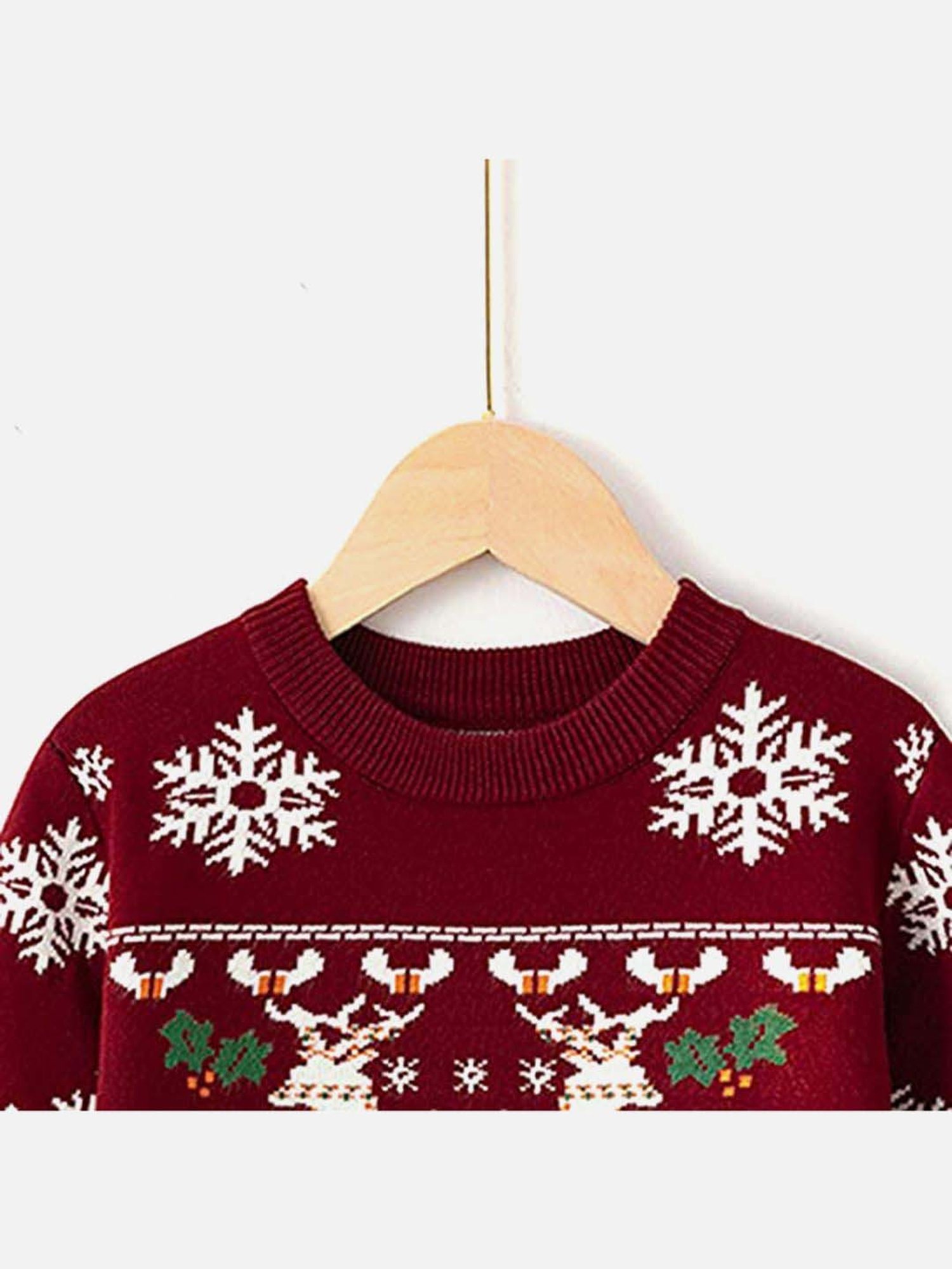 Little Surprise Box Snowflakes & Deer Maroon & White Printed Full Sleeves Sweater