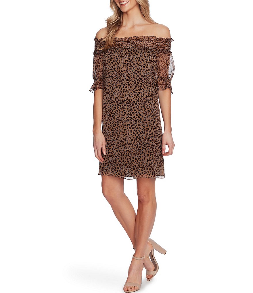 CeCe Off-the-Shoulder Chiffon Animal Print Shift Dress