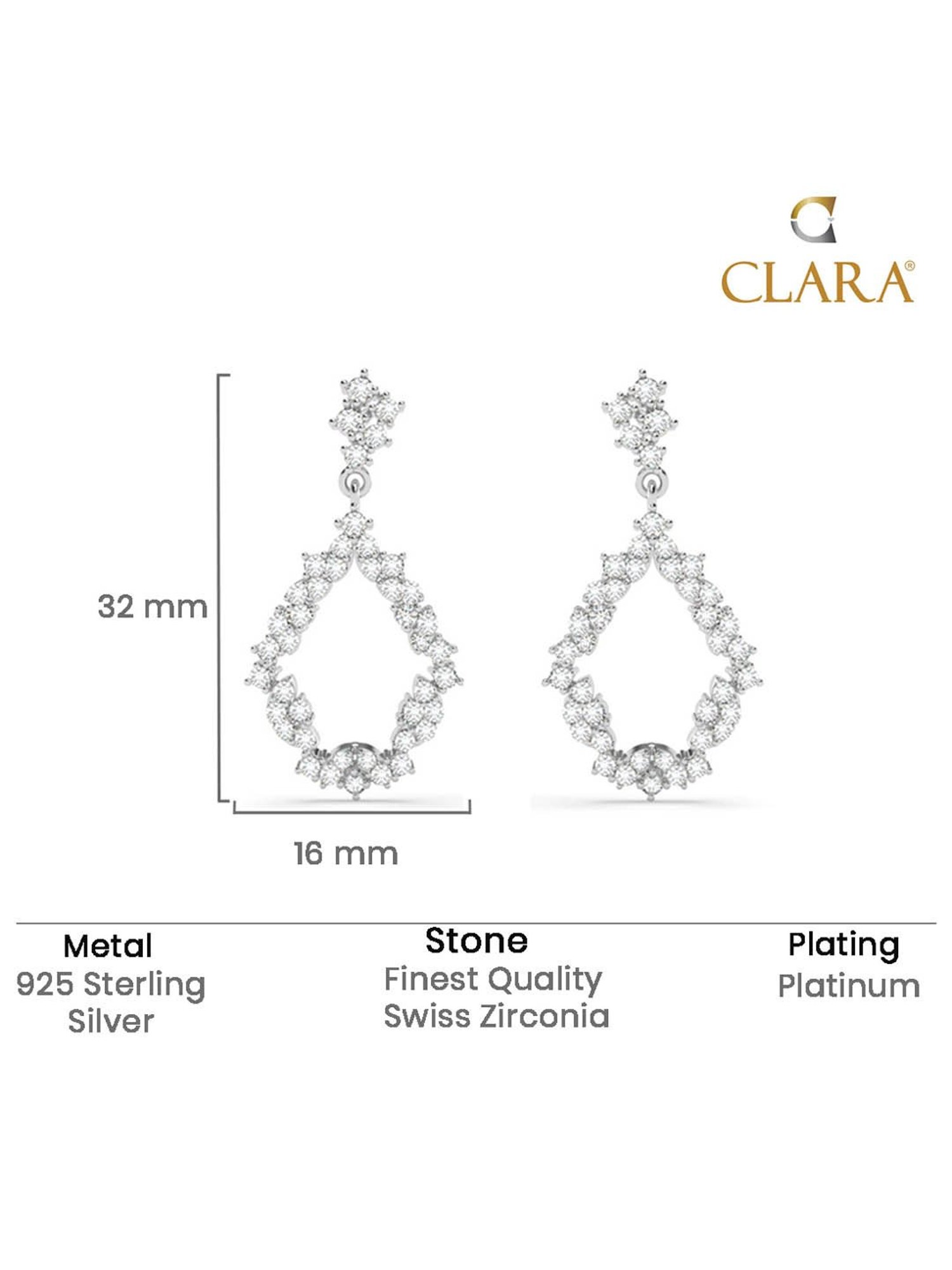 Clara 925 Sterling Silver Platinum Plated Swiss Zirconia Frida Studded Drop Earrings for Women