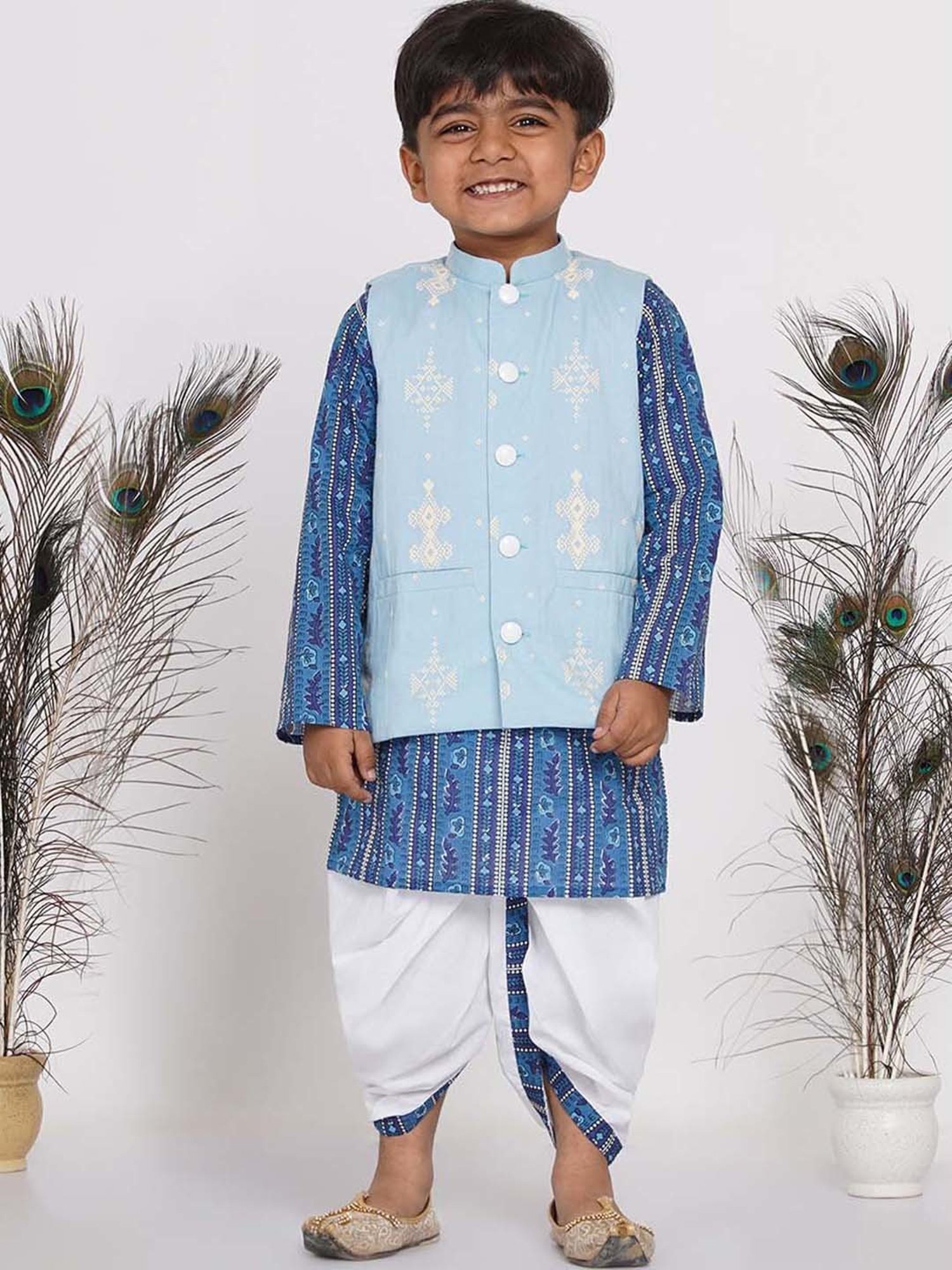 Little Bansi Kids Blue & White Cotton Printed Kurta Set