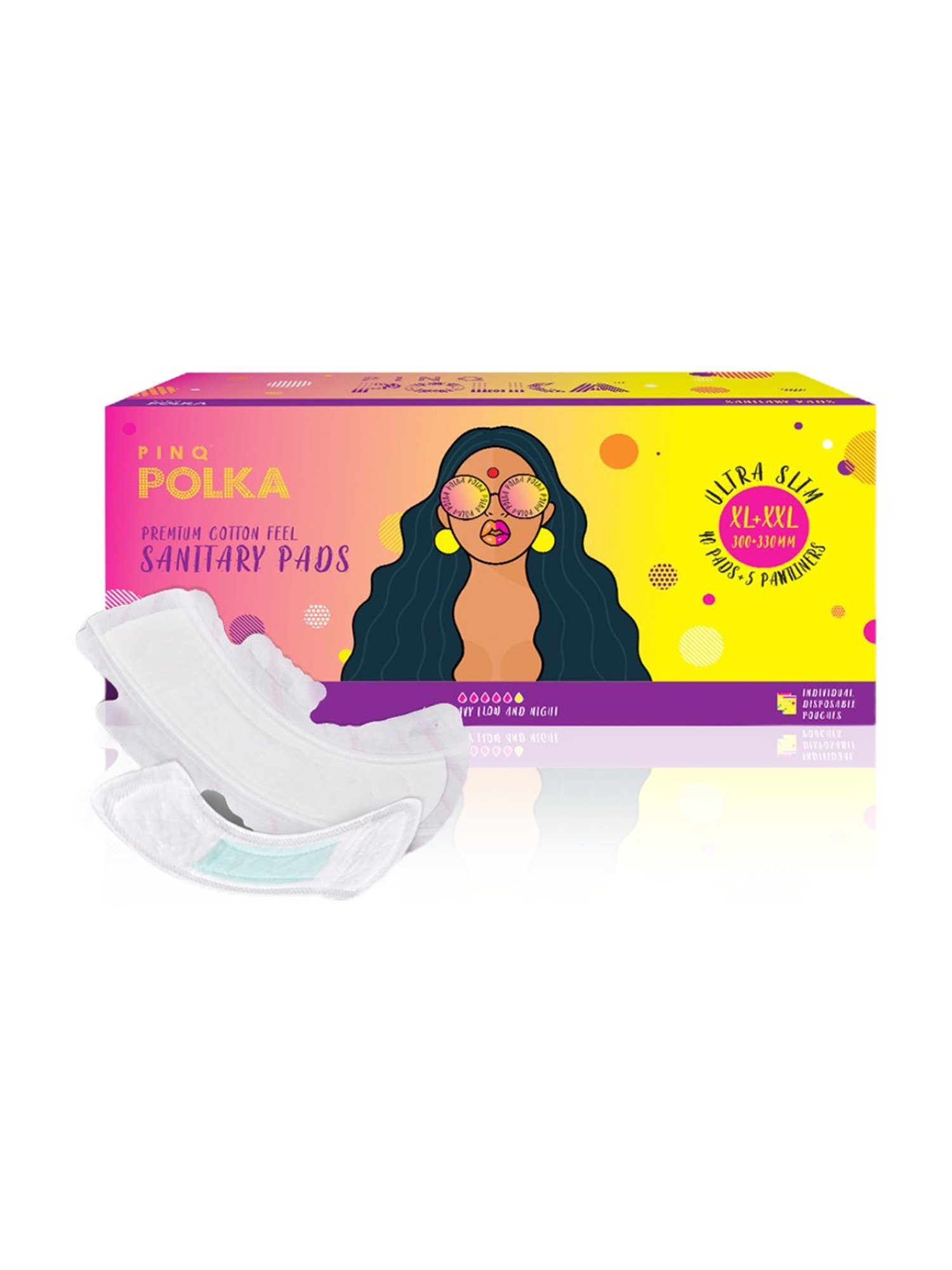 PINQ Polka Premium Cotton Feel Sanitary Pads XL+XXL - 40 Pads + 5 Pantliners