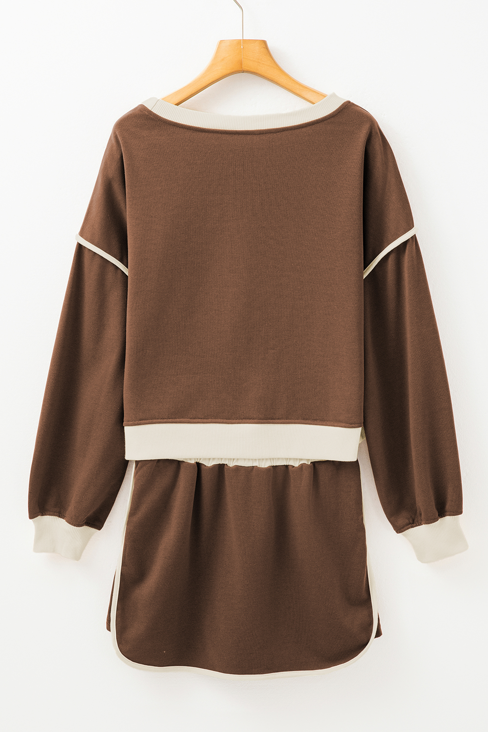 Coffee Contrast Trim Loose Pullover and Lace-up Waist Skort Set