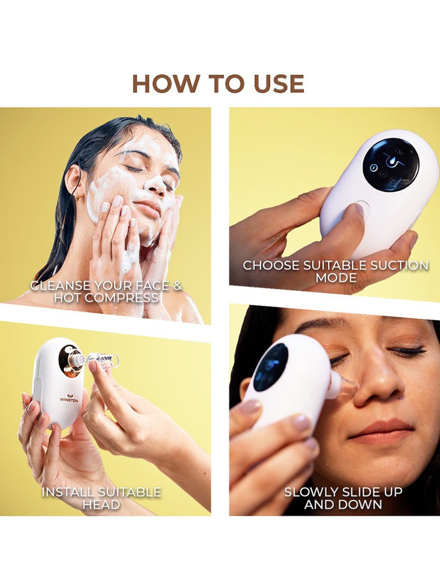 WINSTON Vacuum Blackhead Remover & Pore Cleaner with 3 Suction Modes & 5 Replaceable Heads