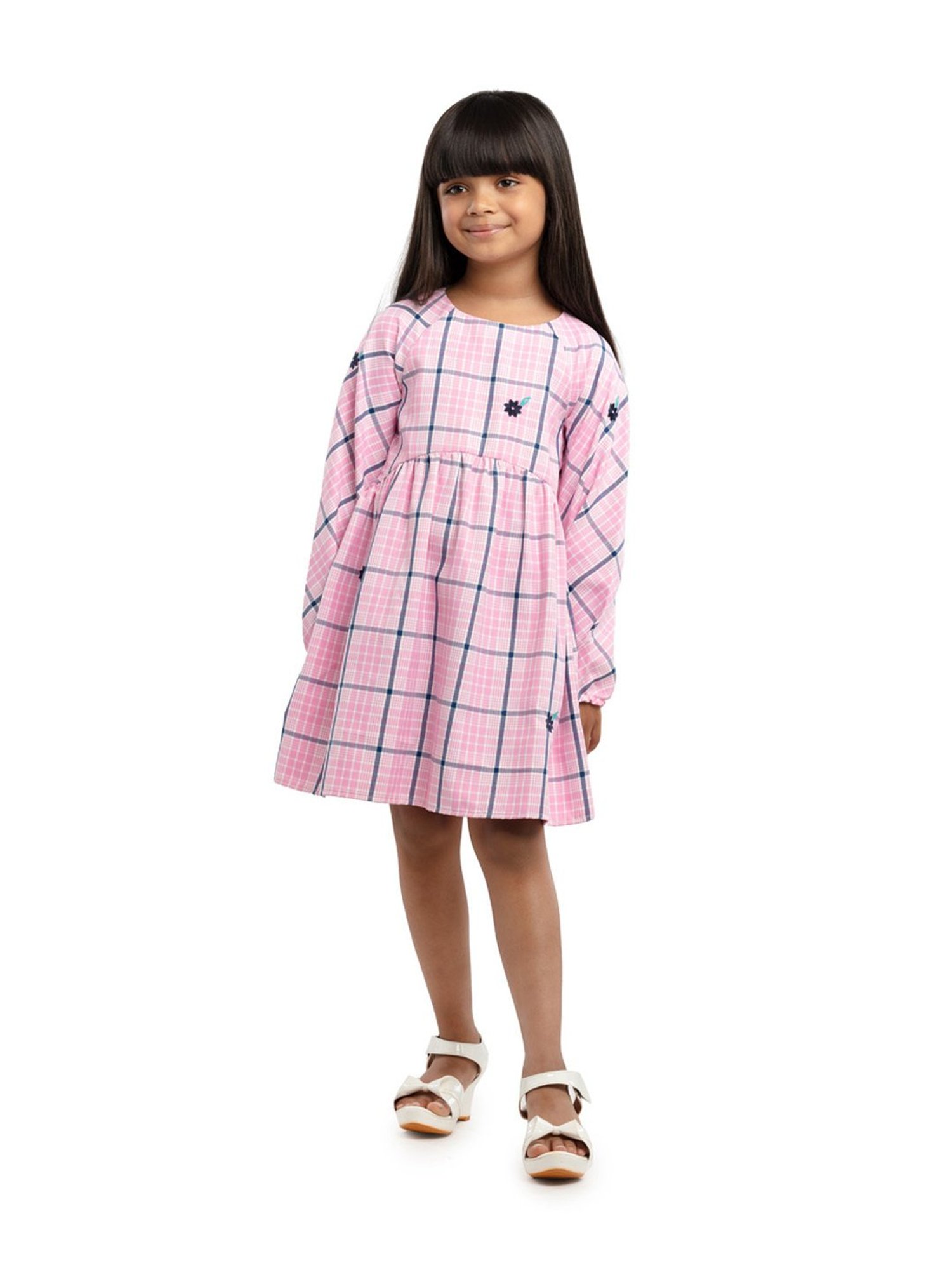 Under Fourteen Only Kids Pink Cotton Chequered Full Sleeves Dress