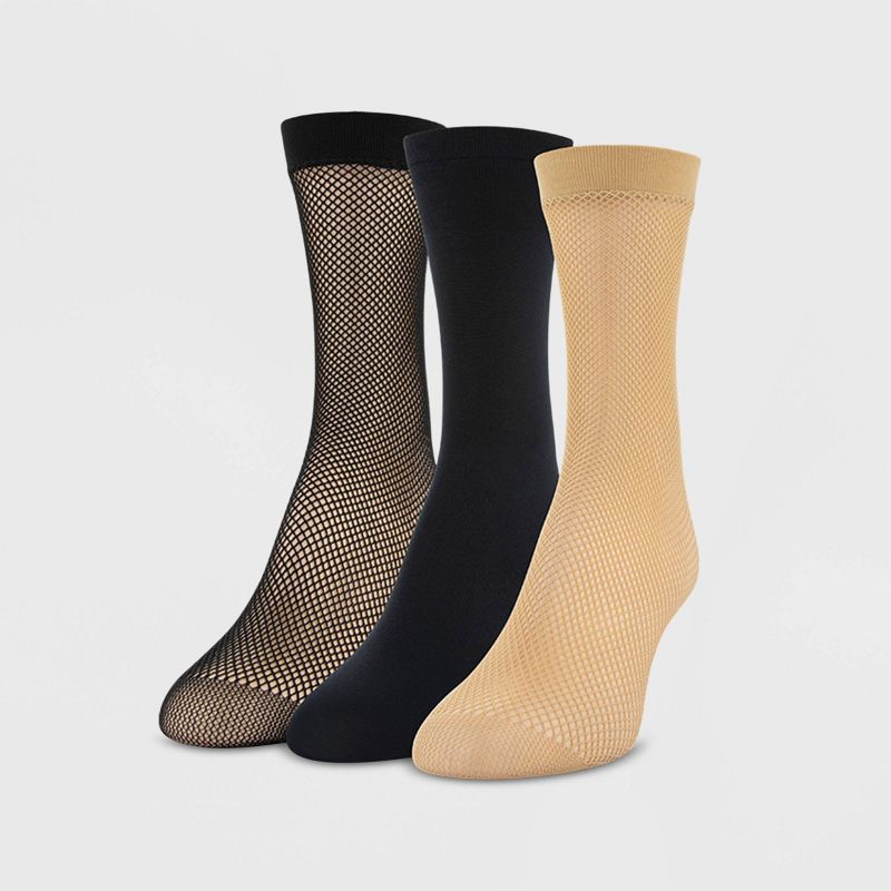 Peds Women's Fishnet and Opaque 3p Anklet Trouser Socks - Nude/Black 5-10