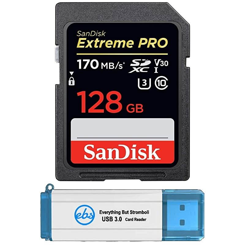128GB SDXC SD Extreme Pro Memory Card Bundle Works with Canon EOS 5D Mark IV 6D Mark II 7D Mark II Digital DSLR Camera 4K SDSDXXY128GGN4IN Plus 1 Everything But Stromboli TM 30 Reader