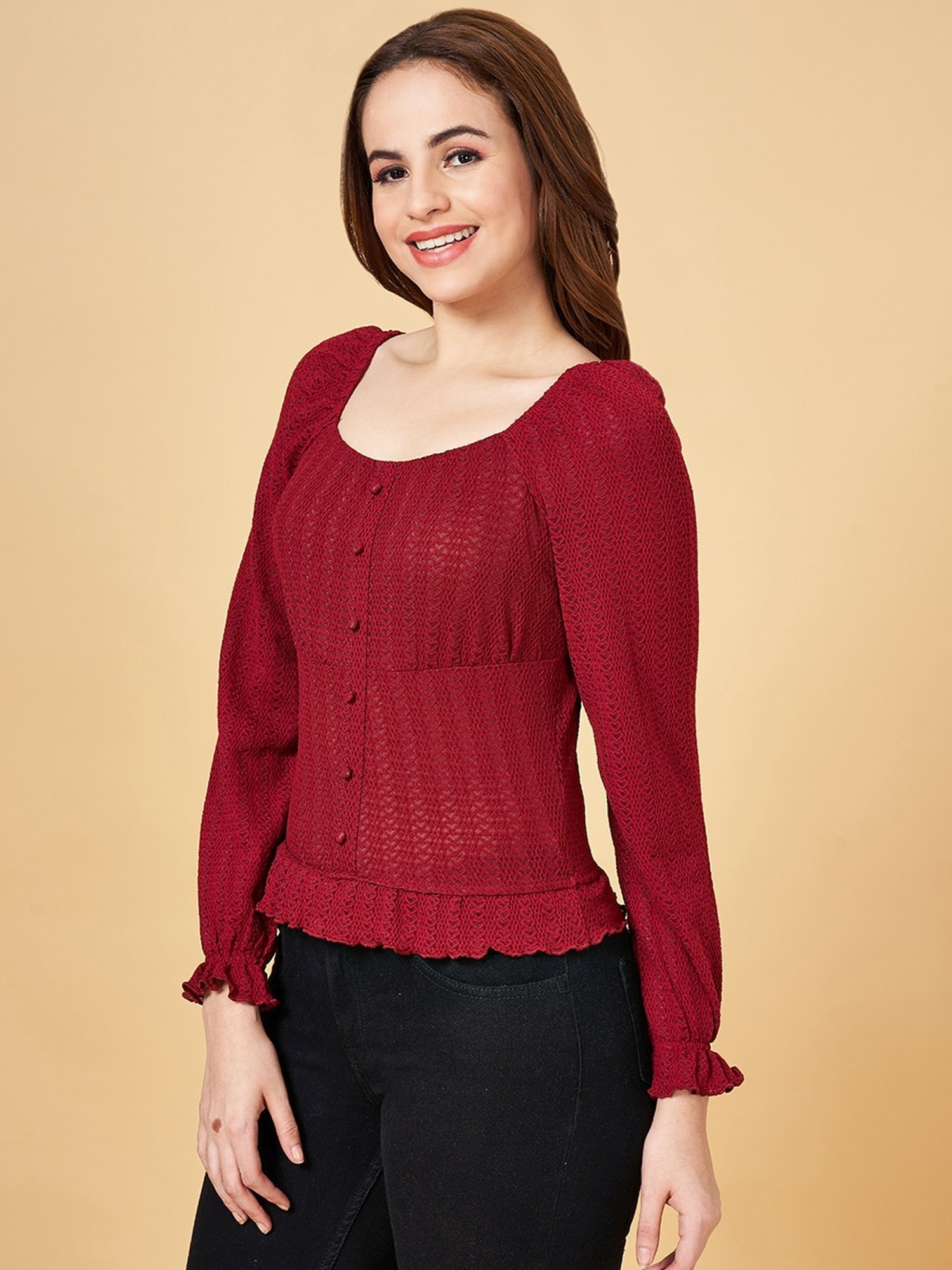 People by Pantaloons Maroon Self Pattern Top