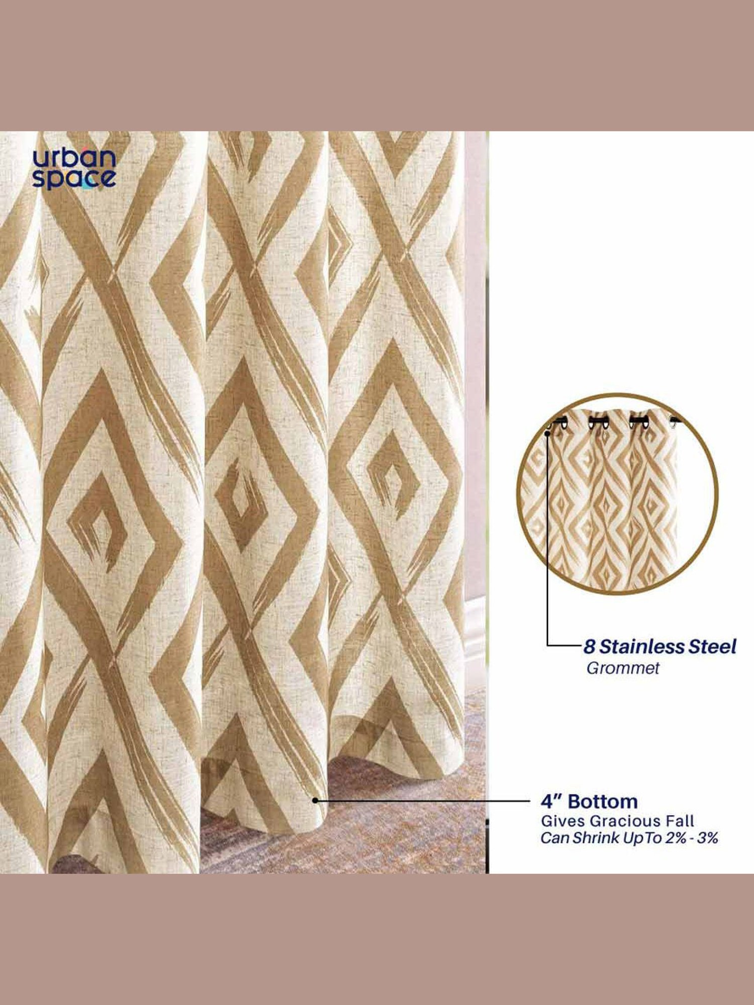 Urban Space Geometric Beige Cotton 5 ft Window Curtains - Set of 2