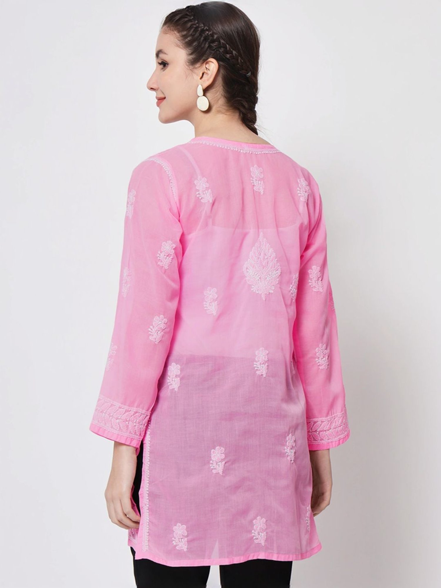 PARAMOUNT CHIKAN Blush Pink Cotton Hand Embroidered Chikankari Straight Kurti
