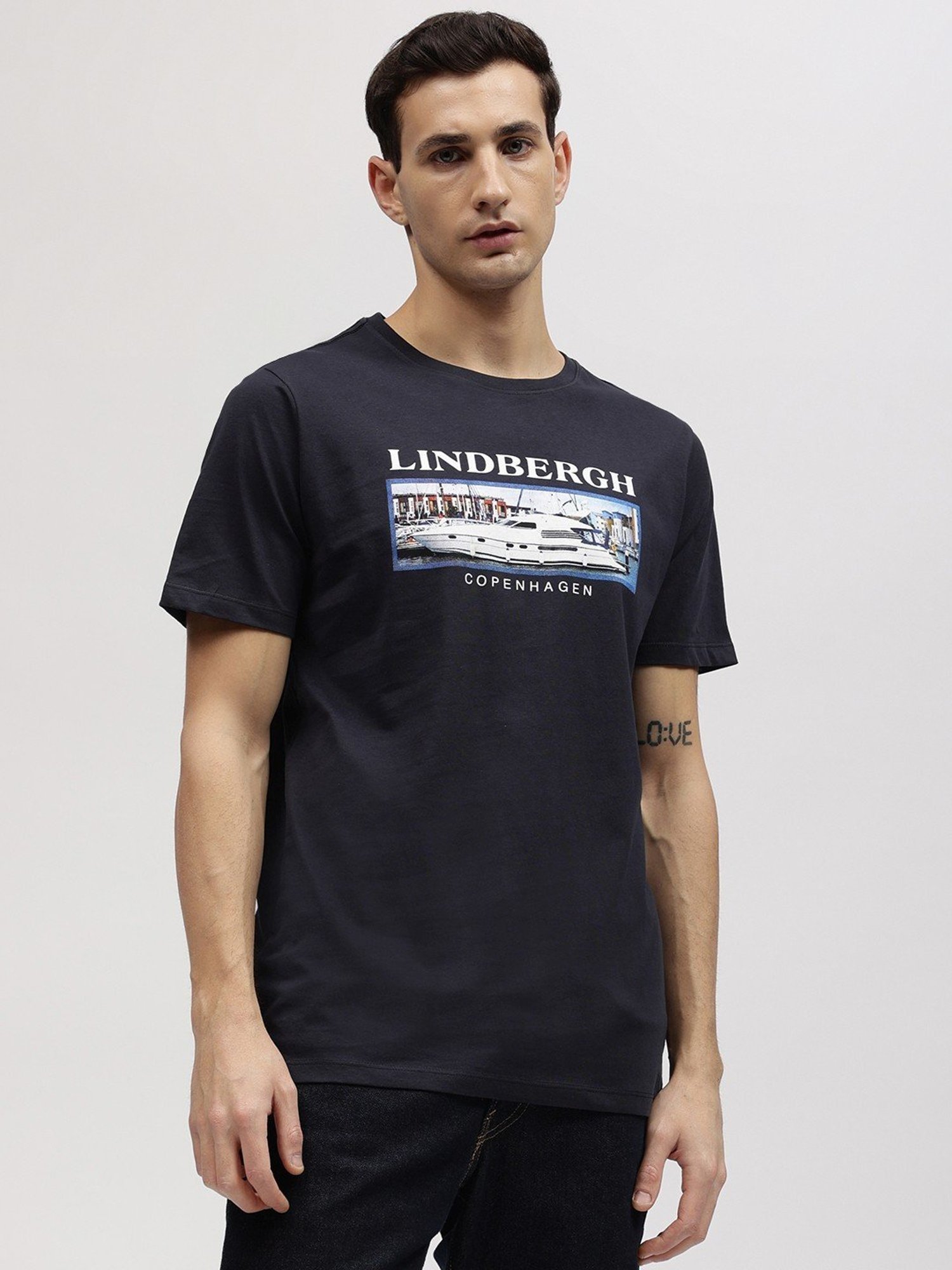 Lindbergh Blue Cotton Regular Fit Printed T-Shirt