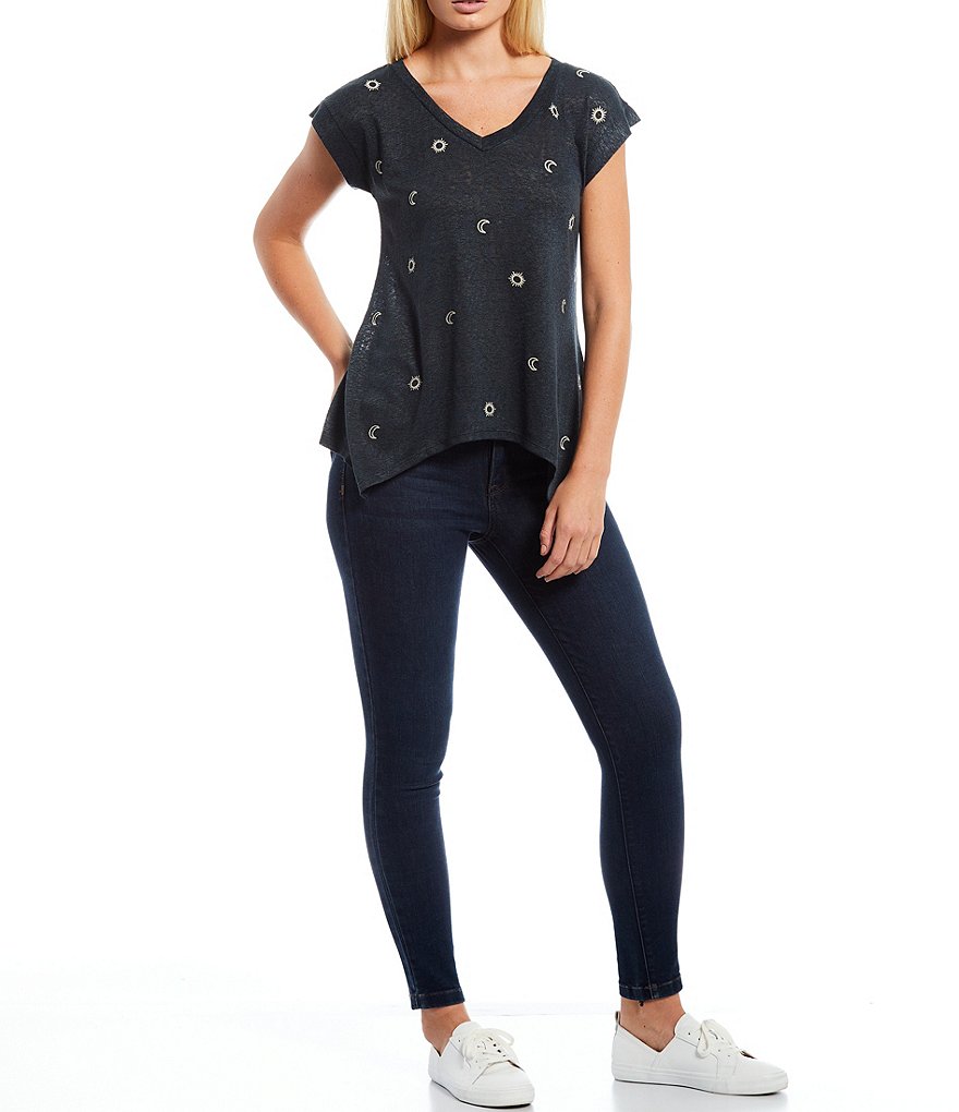 Bobeau Embroidered V-Neck Cap Sleeve Sharkbite Tee