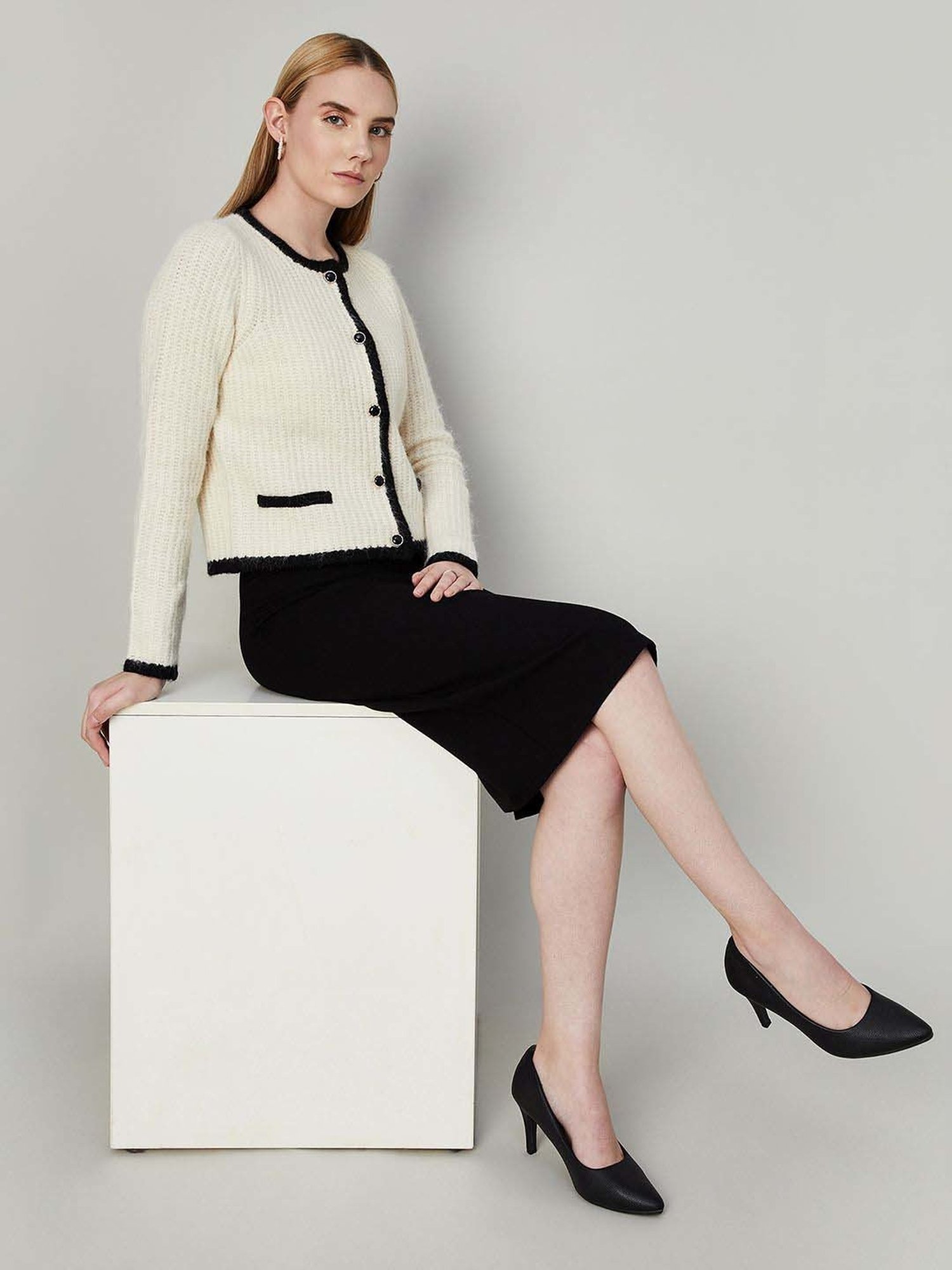 Code by Lifestyle Off-White Self Pattern Cardigan