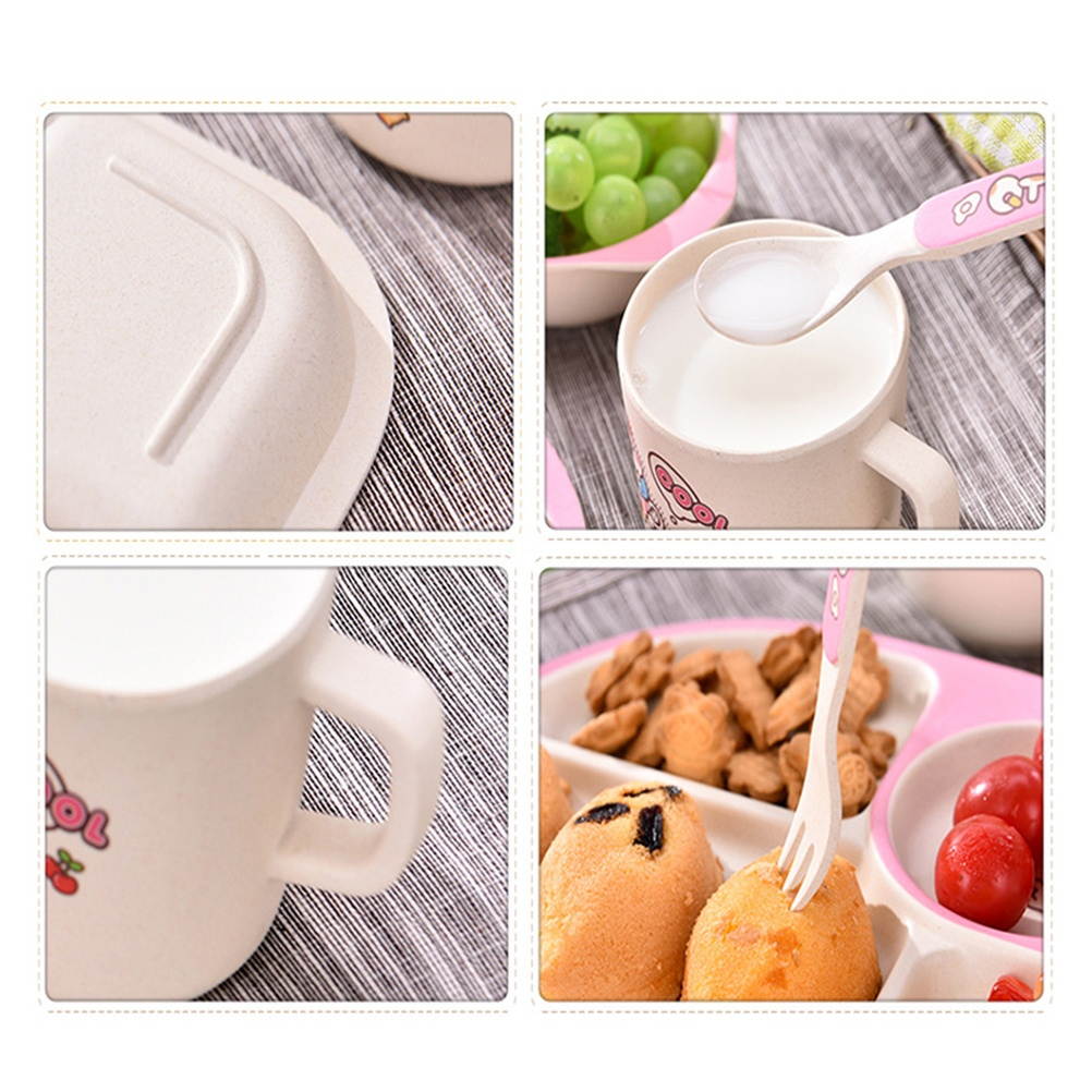 1 Set/5PCS Creative Bamboo Fiber Bowl Exquisite Dinner Tray Drop-Proof Dish Baby Separate Plate Cutlery Set for Babies Children (Pink)