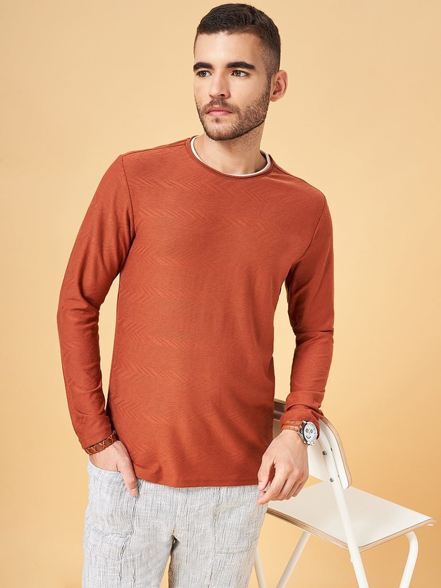 7 Alt by Pantaloons Rust Slim Fit T-Shirt