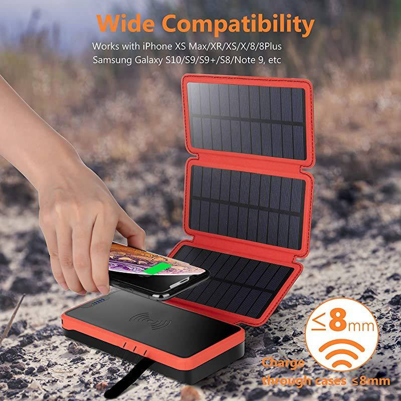 Charger 20000mAh 45W Wireless Charger Portable Power Bank External Battery Pack with 3 Panels Flashlight Dual 5V21A USB Port IP65 Rainproof for Camping Hiking FishingOrange