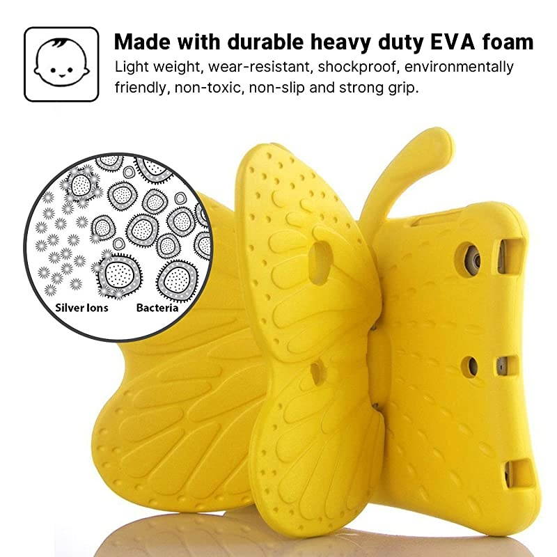 iPad 7 8 10.2 3D Cute Butterfly Case for Kids Light Weight EVA Stand Shockproof Rugged Heavy Duty Kids Friendly iPad Cover for Kids iPad 10.2 iPad 7th 8th (Yellow)