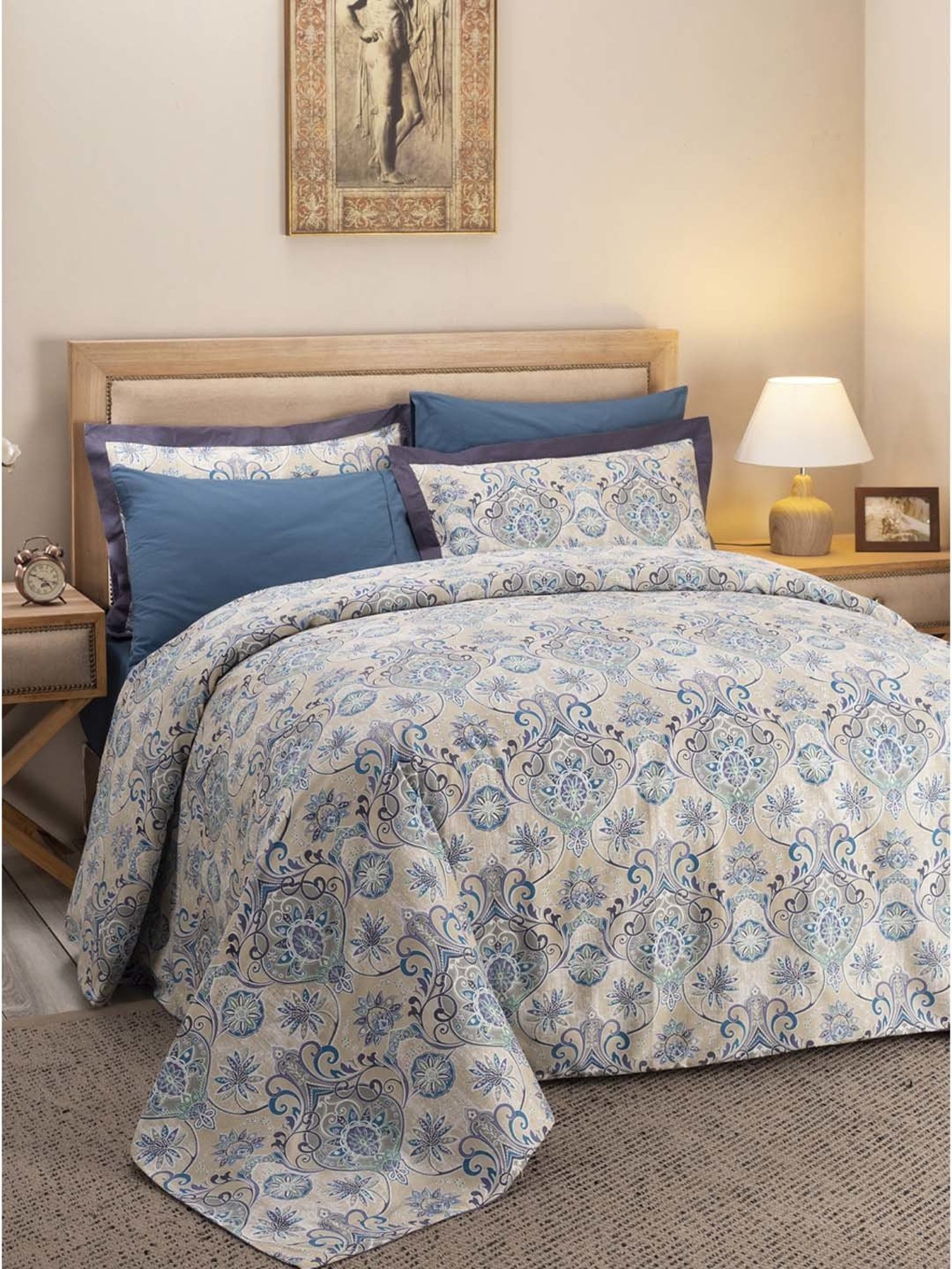 Maspar Hues Nouveau Tradition Lawn Rerun Blue Cotton 300 TC King Duvet Cover & 2 Pillow Covers