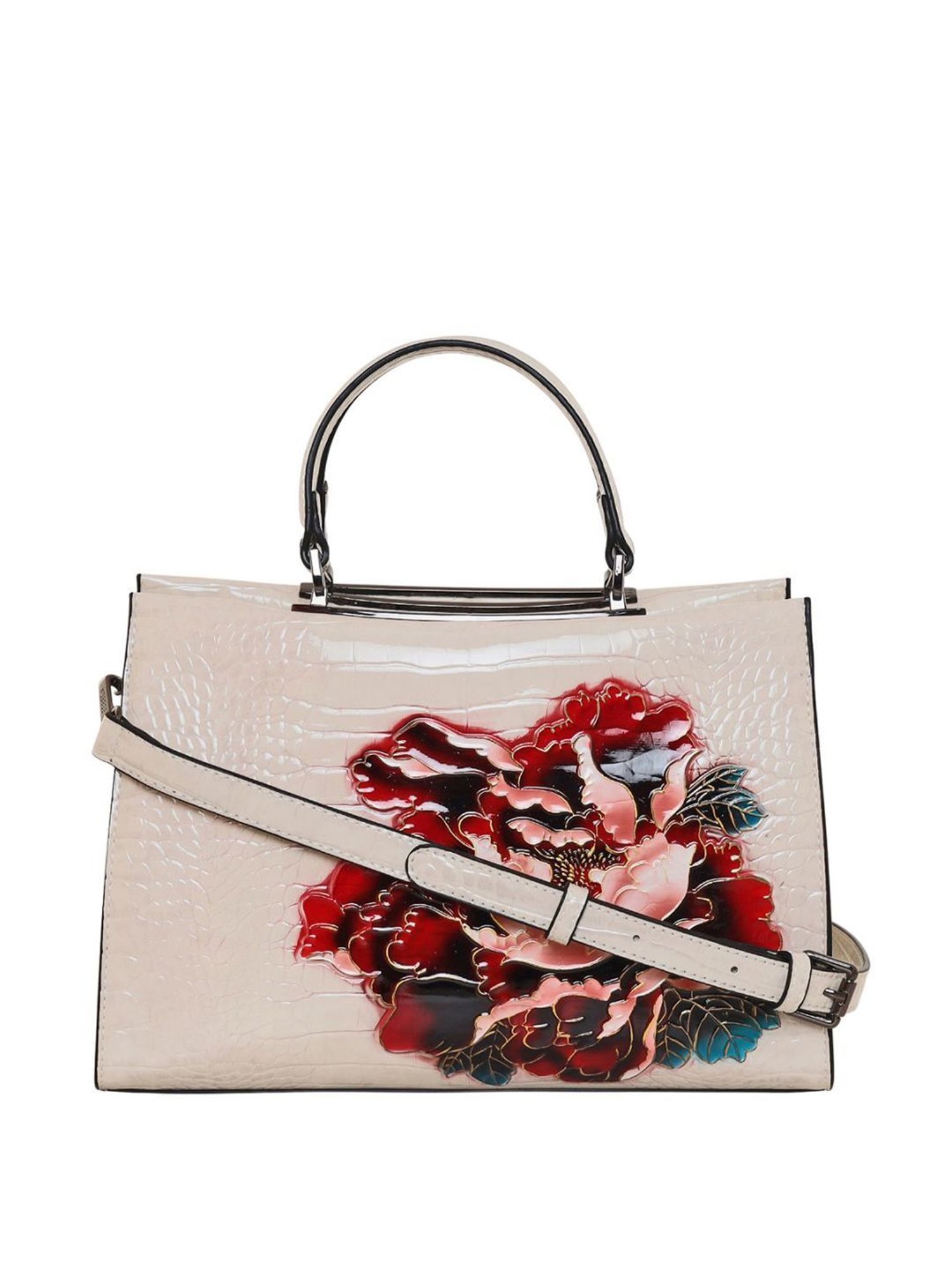 Esbeda Glossy Flower Beige PU Textured Handbag