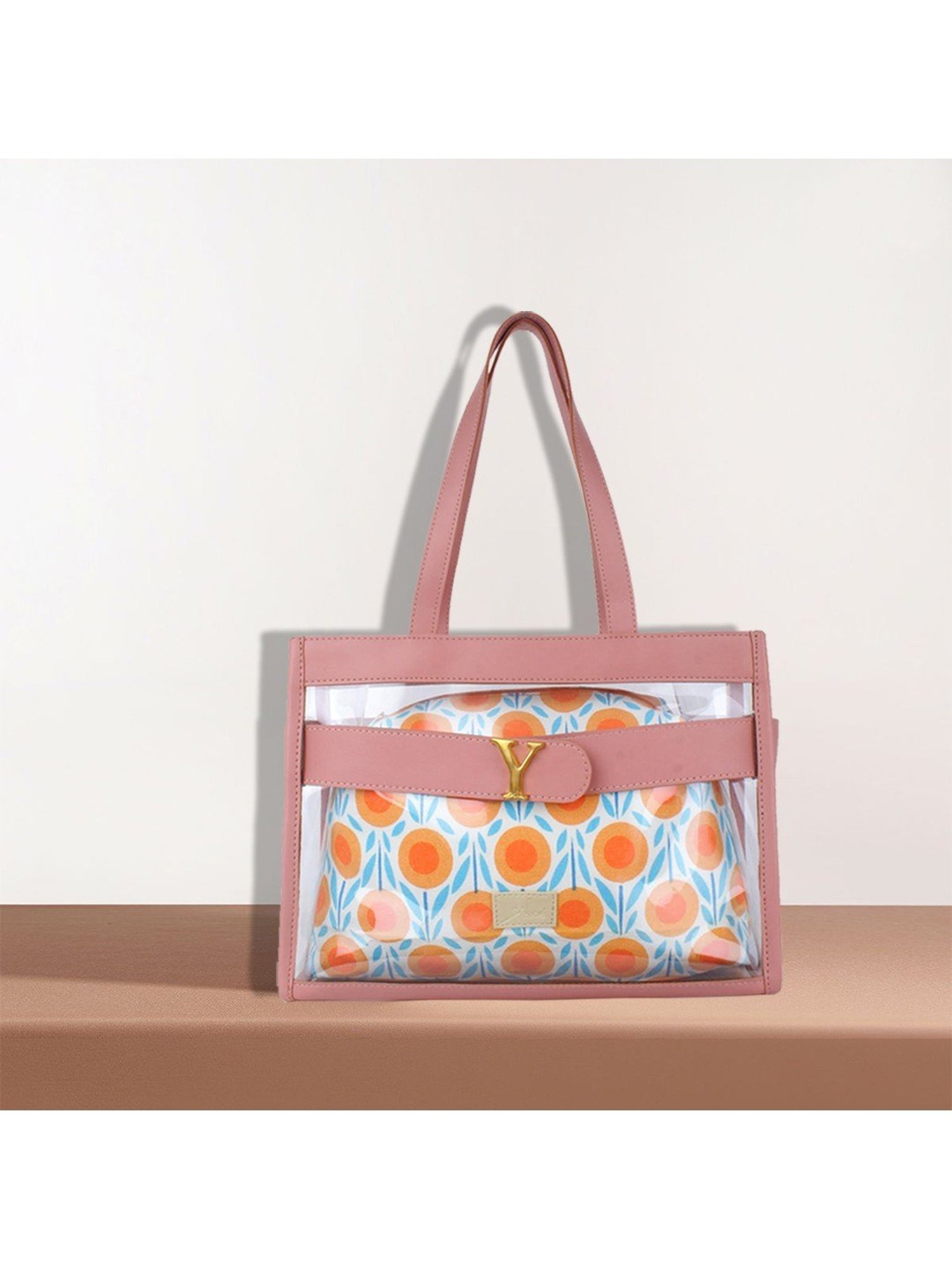 Yelloe Pink Printed Medium Handbag