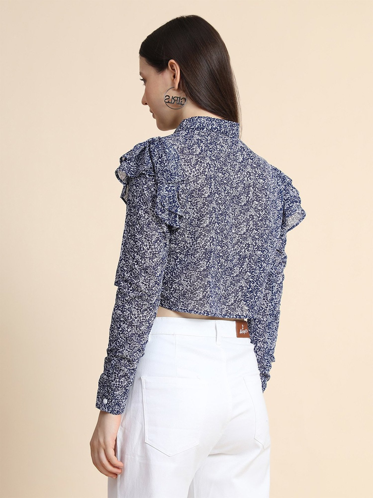 KERI PERRY White & Navy Printed Crop Top