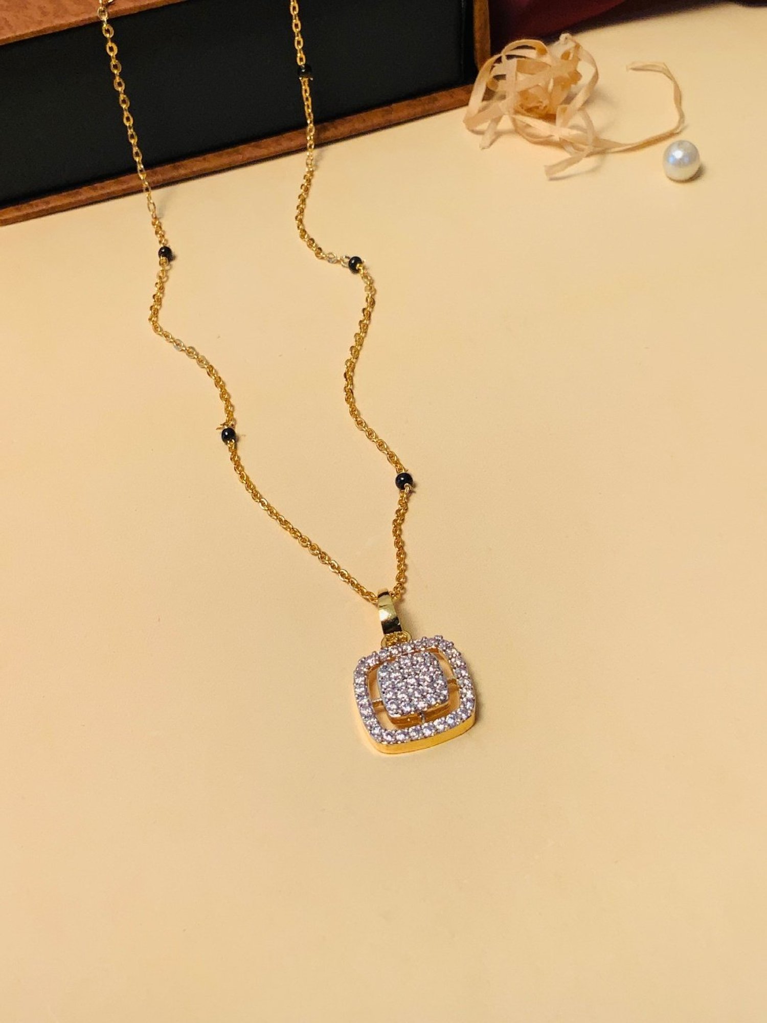 Abdesigns Gold-Plated American Diamond & Black Beaded Mangalsutra